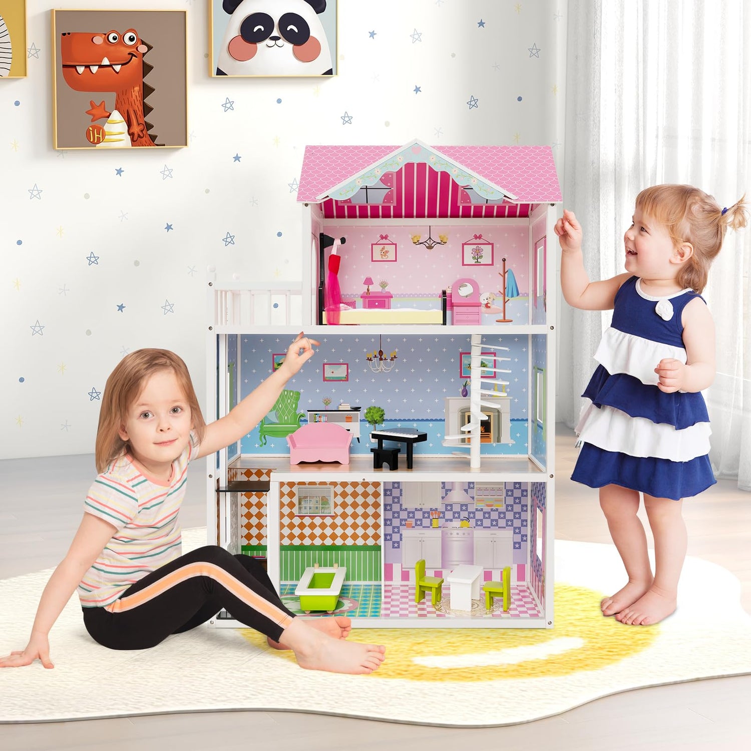 GYMAX Kids Dollhouse, 3-Storey Wooden Dolls House with 5 Simulated Rooms & Furniture Accessories