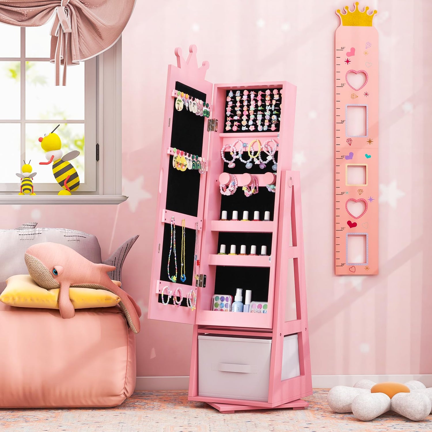 GYMAX Freestanding Girls Jewelry Organizer with Full-Length Mirror
