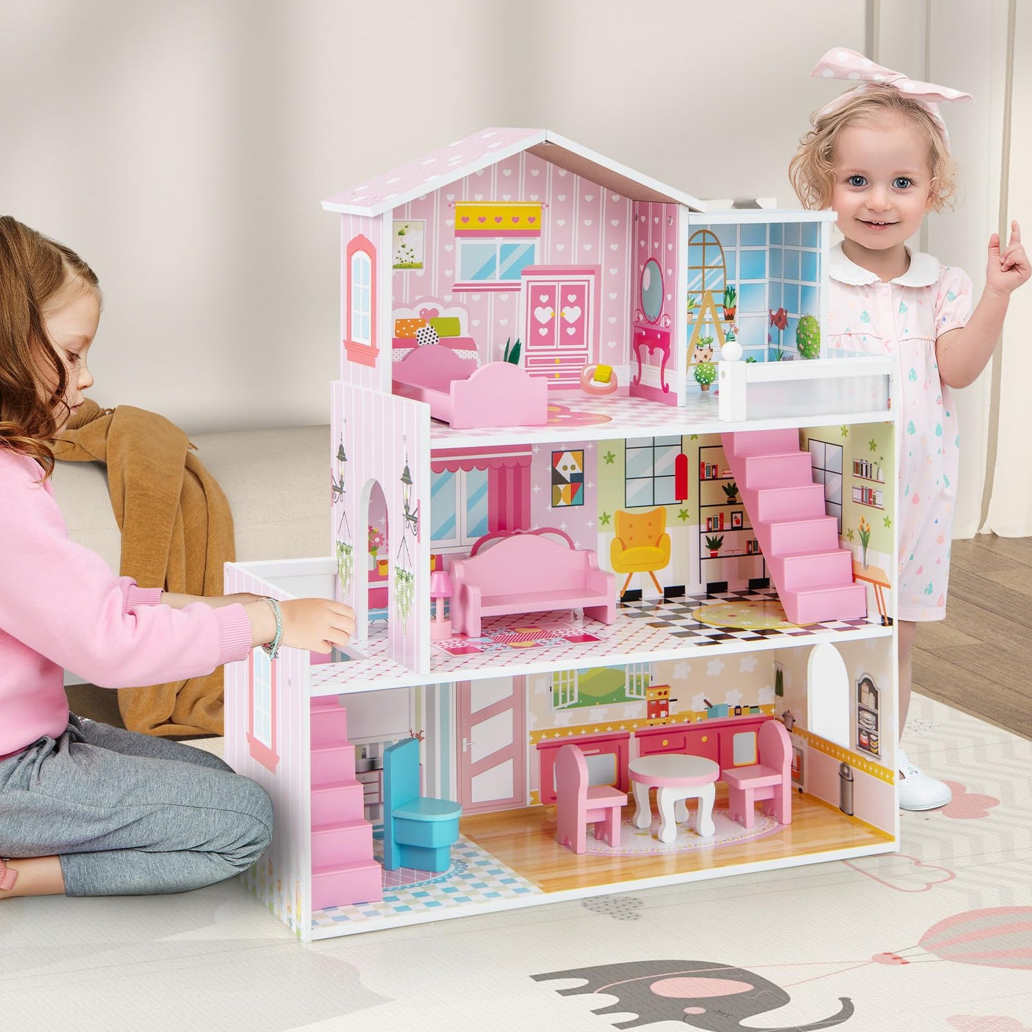 GYMAX Kids Wooden Dollhouse, 3 Storey DIY Pretend Doll House
