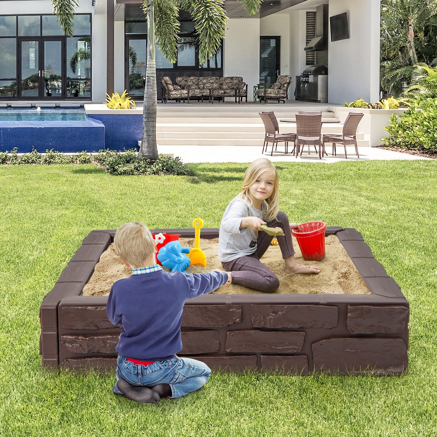 GYMAX Garden Sandpit with Cover and Bottom Liner