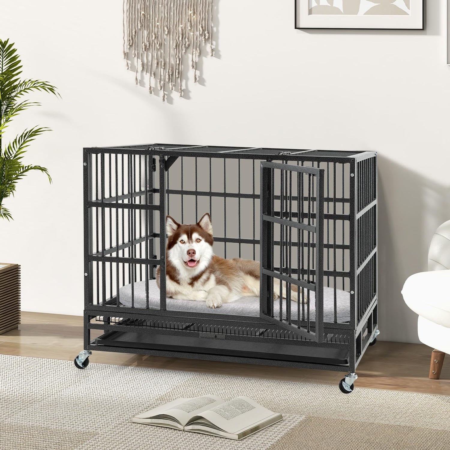 GYMAX 38" Heavy-Duty Dog Crate, Foldable Dog Kennel Crate Lockable Wheels & Doors (96 x 65 x 77cm)