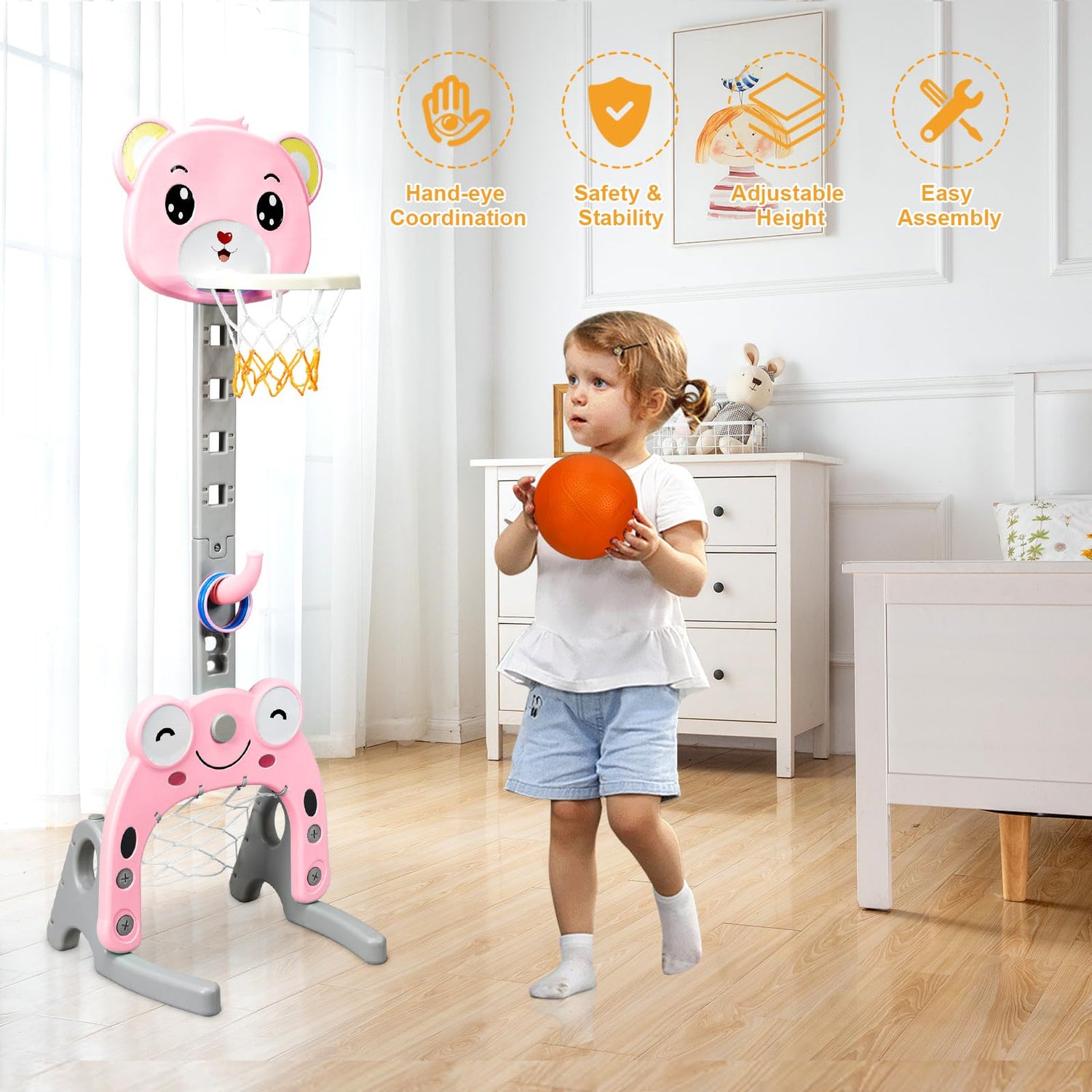 GYMAX 3-in-1 Height Adjustable Basketball Stand with Football Goal and Ring Toss