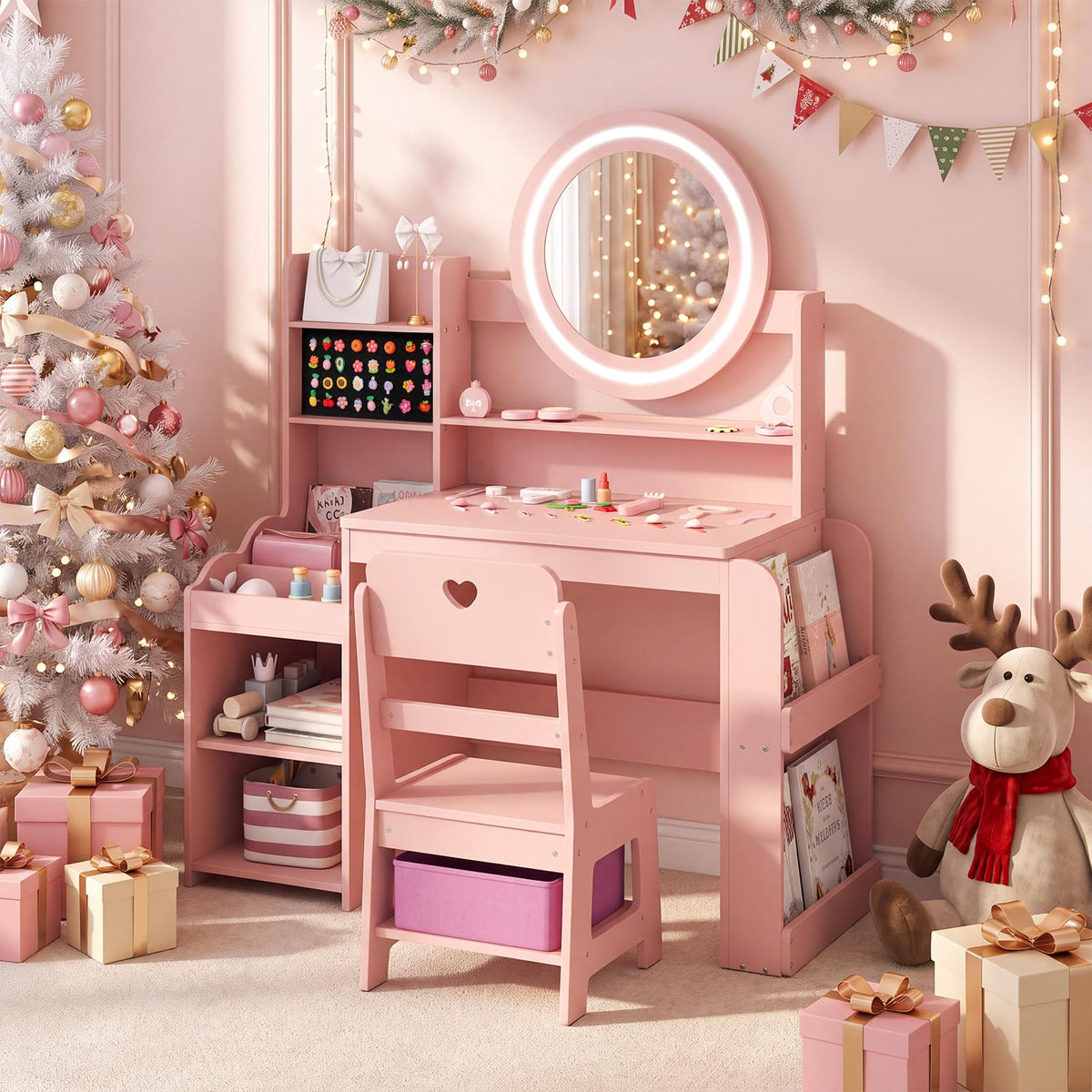 Kids Dressing Table with Lighted Mirror (White, With Storage