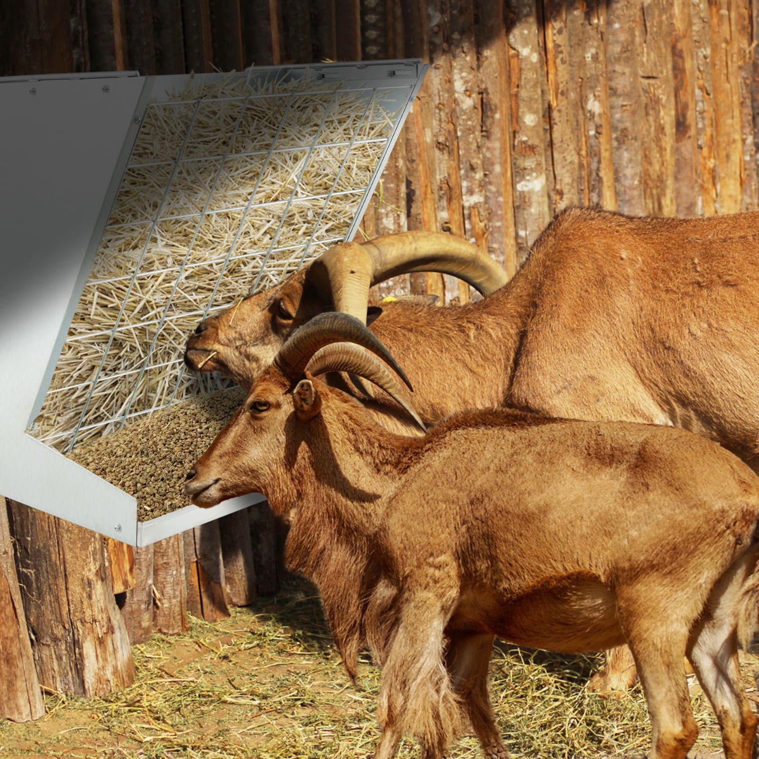 GYMAX 2-in-1 Hay & Grain Feeder with Adjustable Hooks and Food Saving Grid