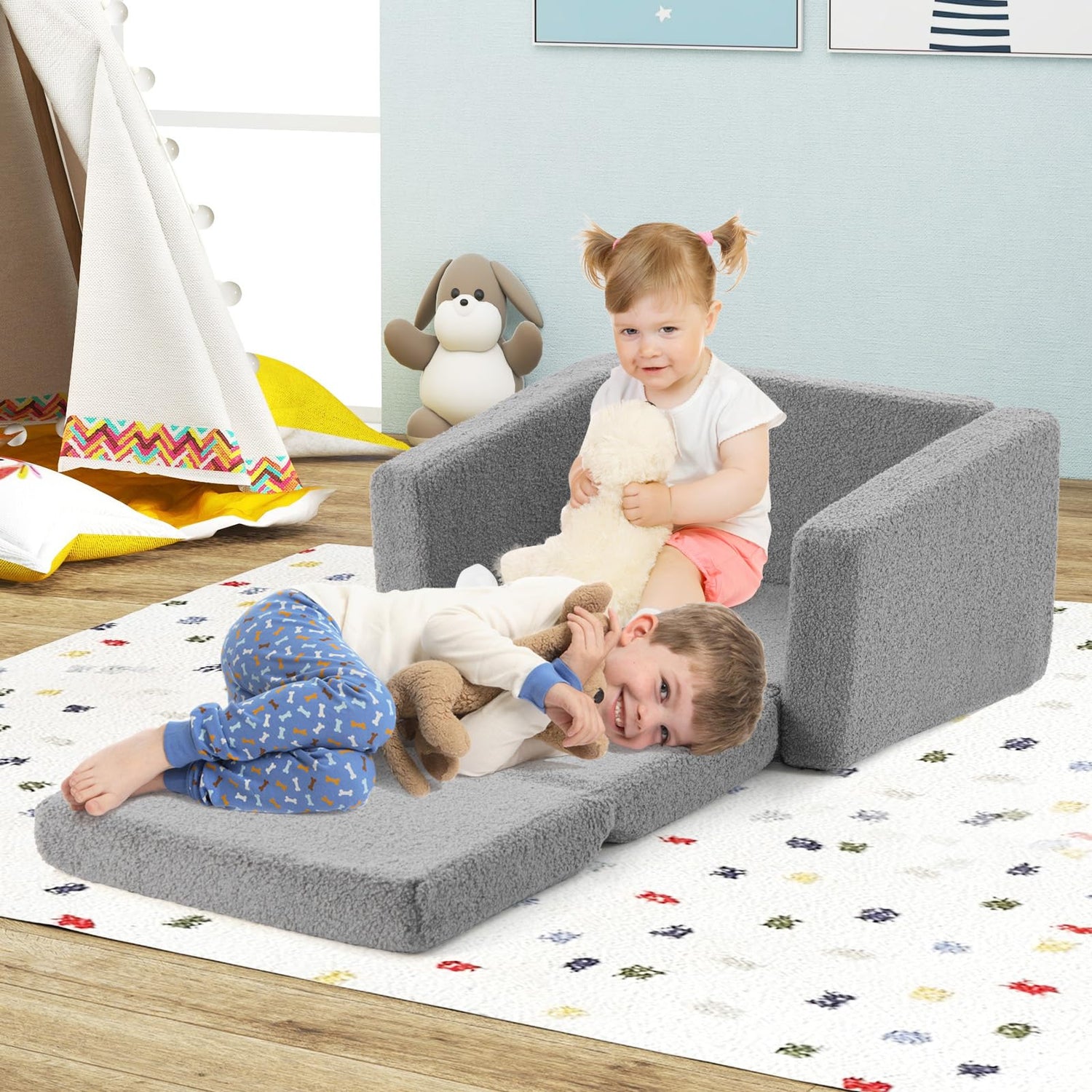 GYMAX 2 in 1 Kids Sofa Chair, Upholstered Children Fold out Couch with Washable Sofa Cover