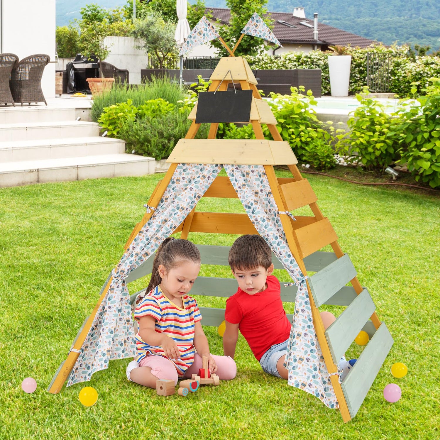 GYMAX Large Teepee Tent, Wooden Play Tent with Removable Chalkboard, Washable Flags and Door Curtains