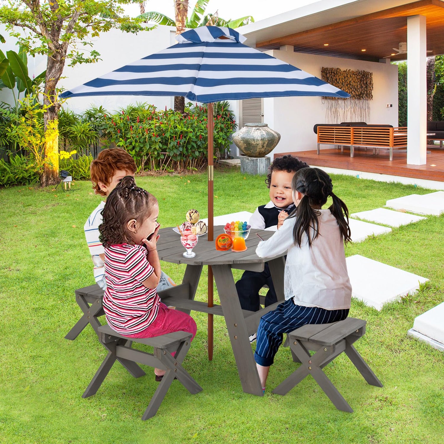 GYMAX Kids Wooden Toddler Garden Table with 4 Stools