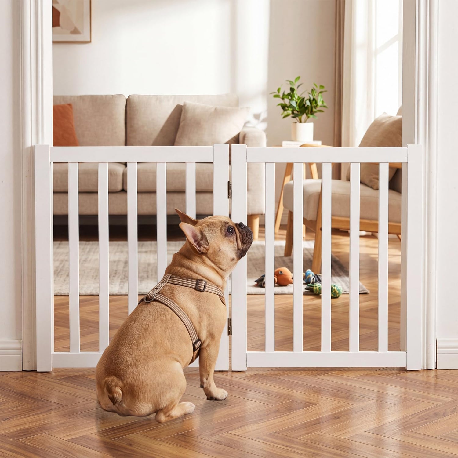 GYMAX Foldable Pet Gate, Freestanding Wooden Puppy Barrier