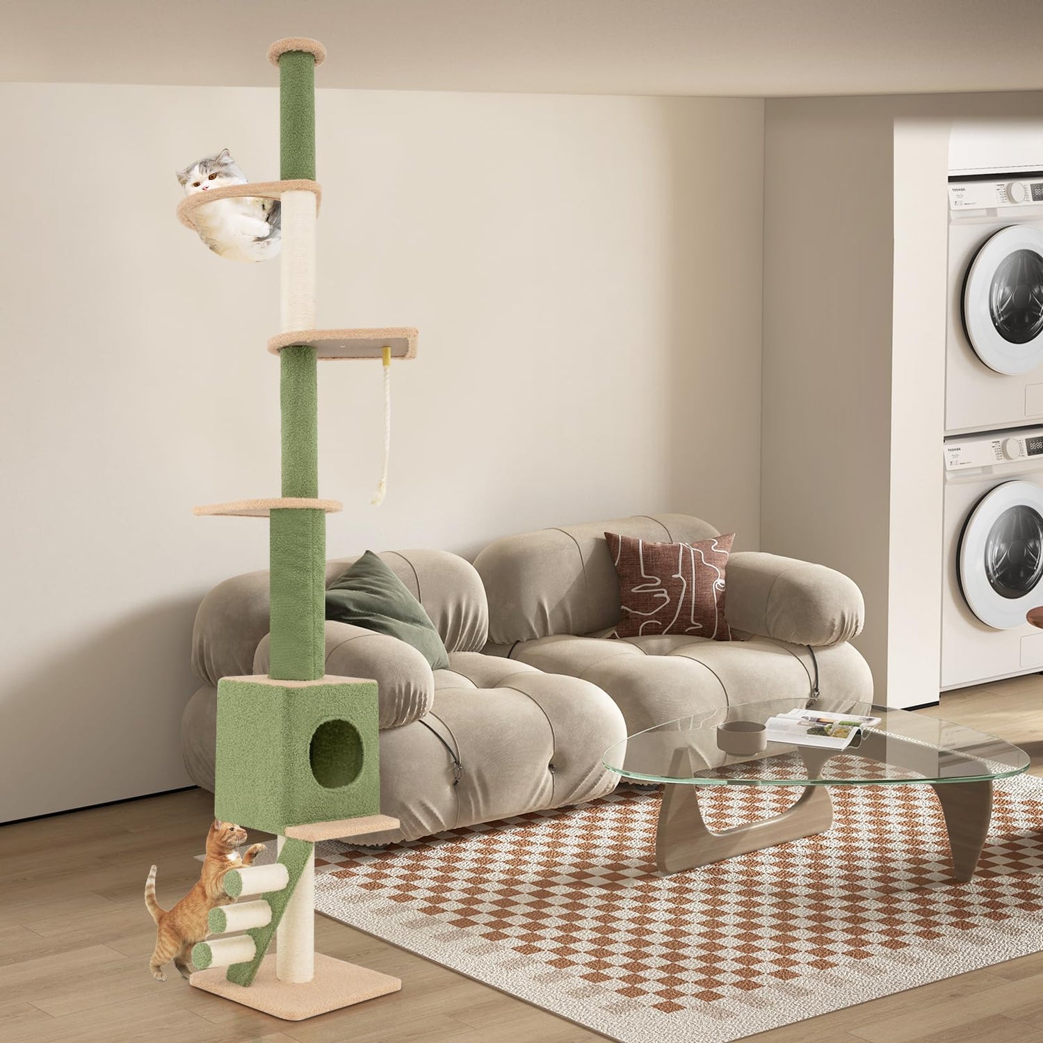 GYMAX Floor to Ceiling Cat Tree, 5 Tier Tall Cat Tower with 218-270cm Adjustable Height
