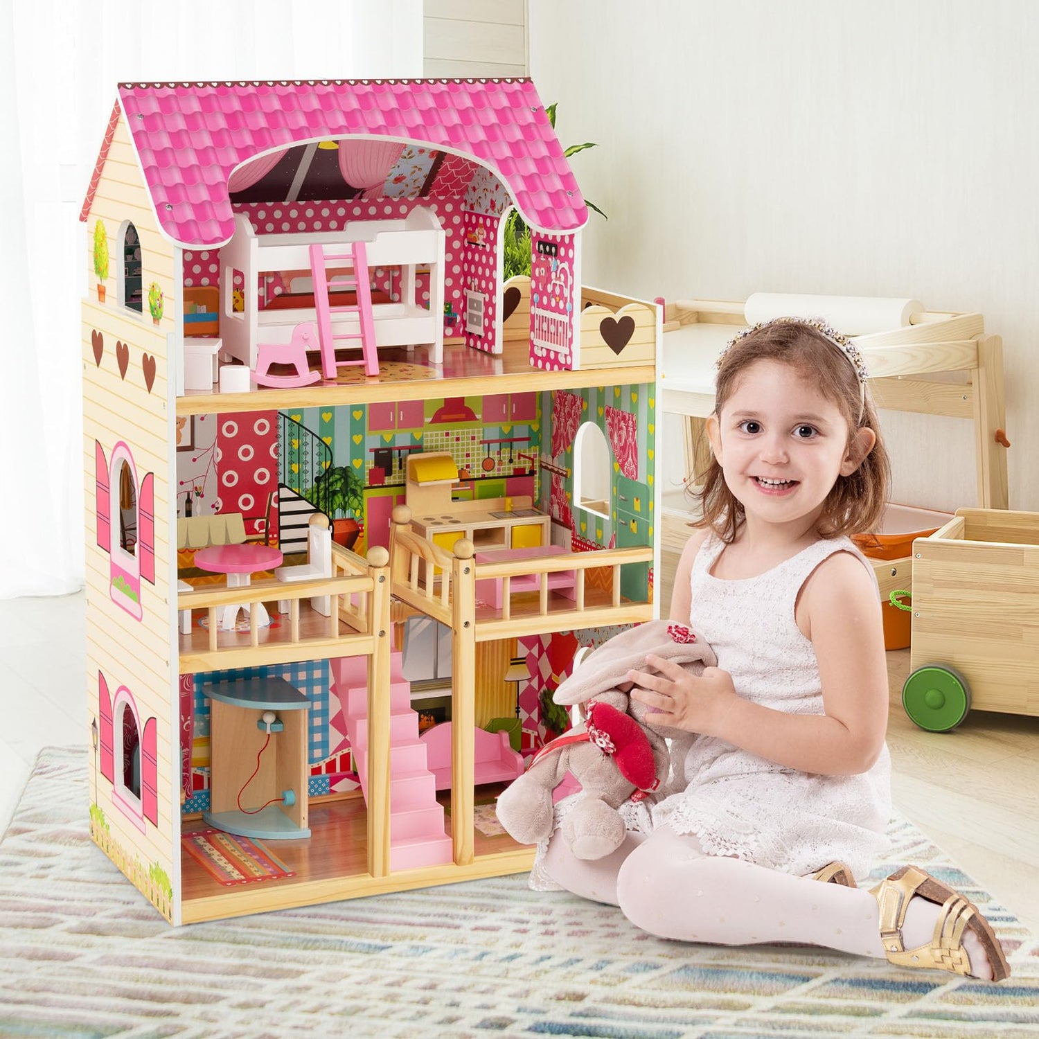 GYMAX Kids Dollhouse, 3 Storey Fully Furnished House Playset with 6 Simulated Rooms & 15 Furniture Accessories