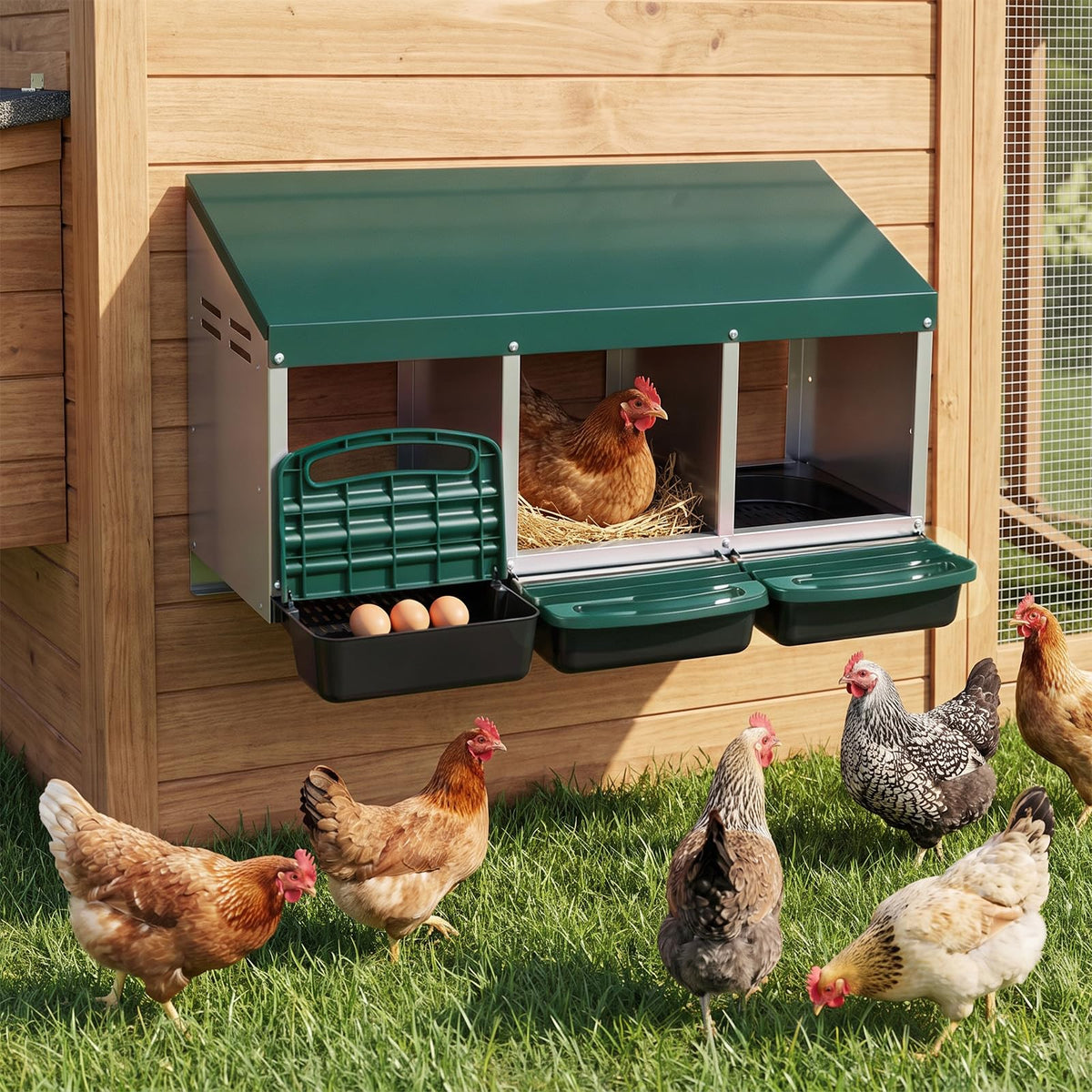 Roll Away Chicken Nesting Box, 3-Compartment Chicken Coop