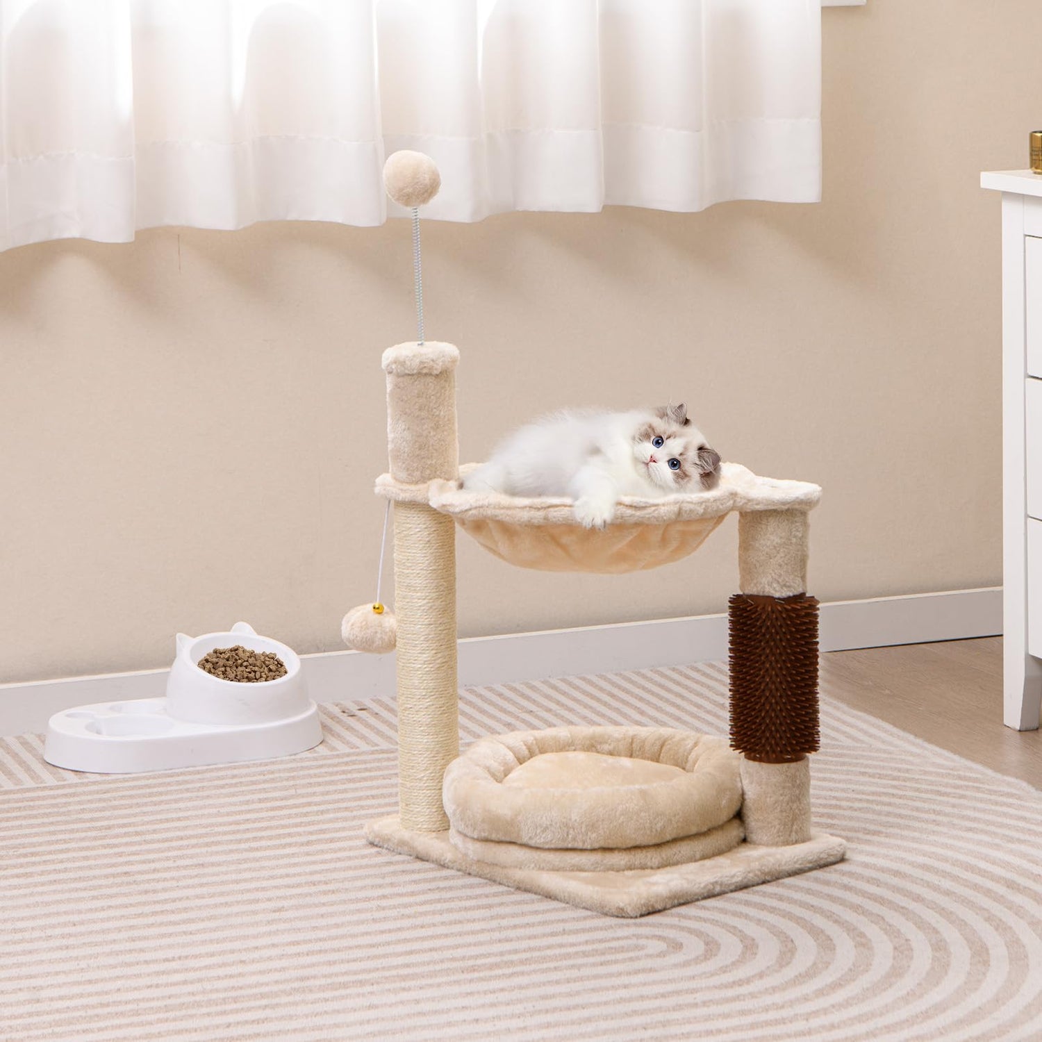 GYMAX Cat Tree, 2-Tier Cat Tower with Cat Bed, Hammock, Scratching Post, Self-massage Brush
