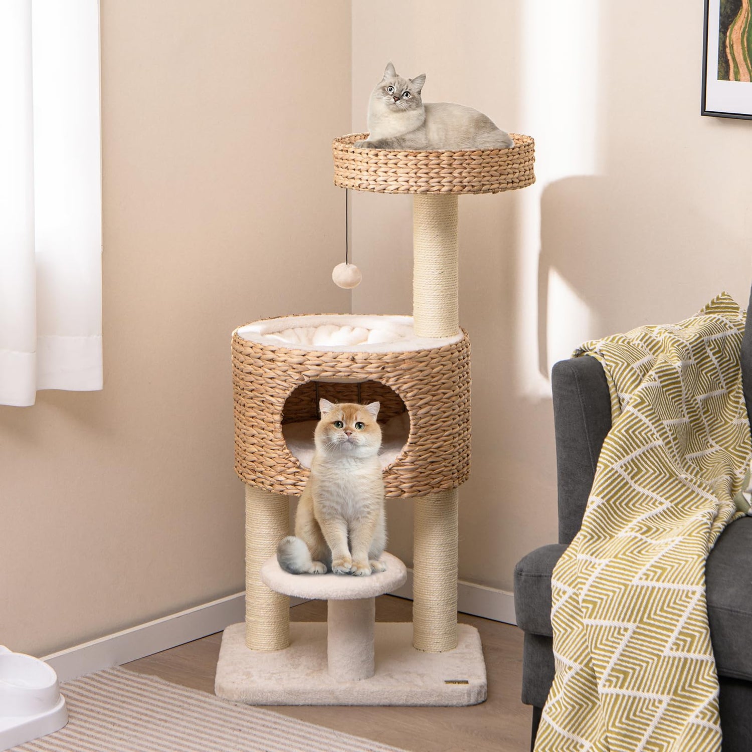 GYMAX Cat Tree, Modern Cat Tower with Top Perch, Hand-Made Wicker Cat Condo, Sisal Scratching Posts