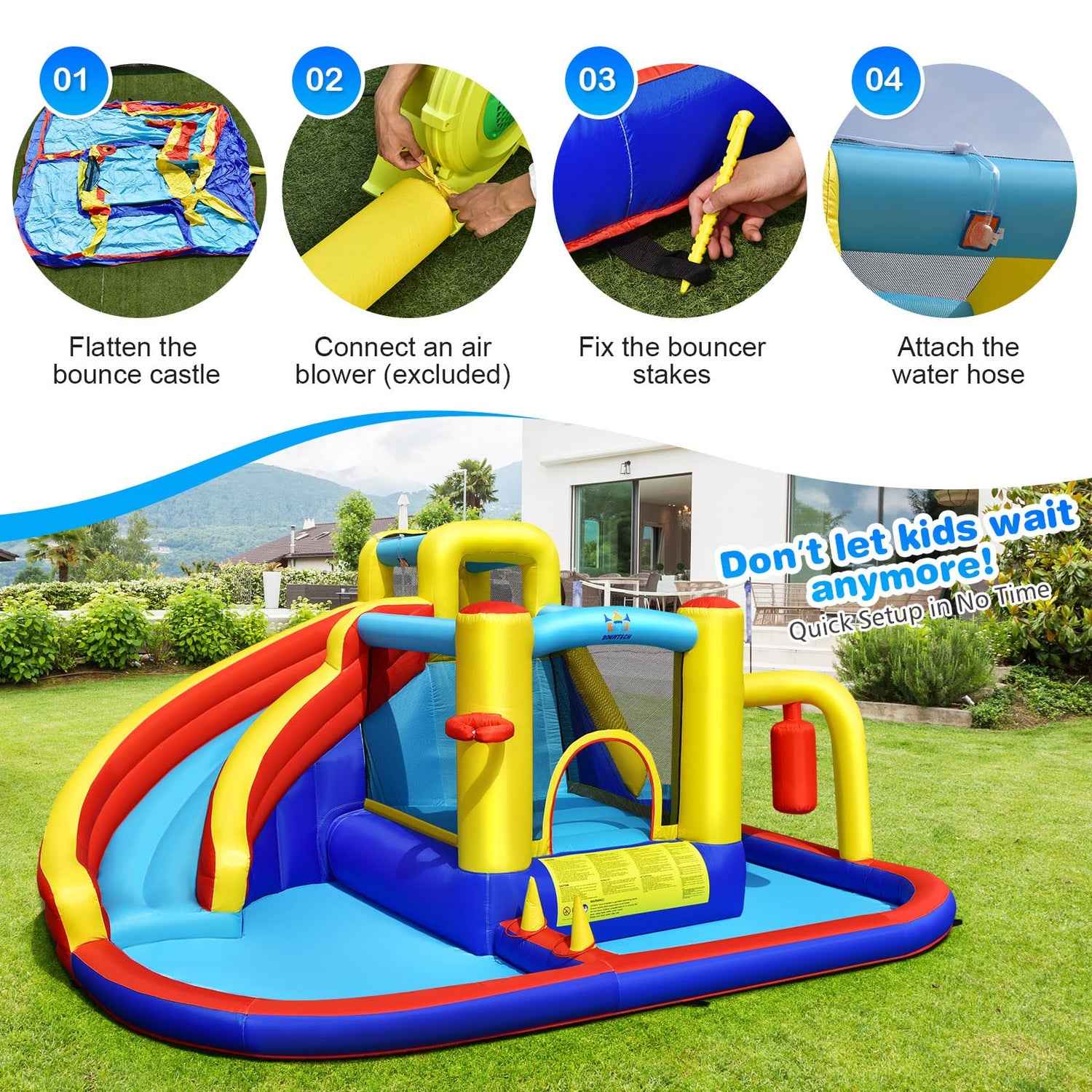 GYMAX 7 in 1 Kids Bouncy Castle with 680W Blower with Slide