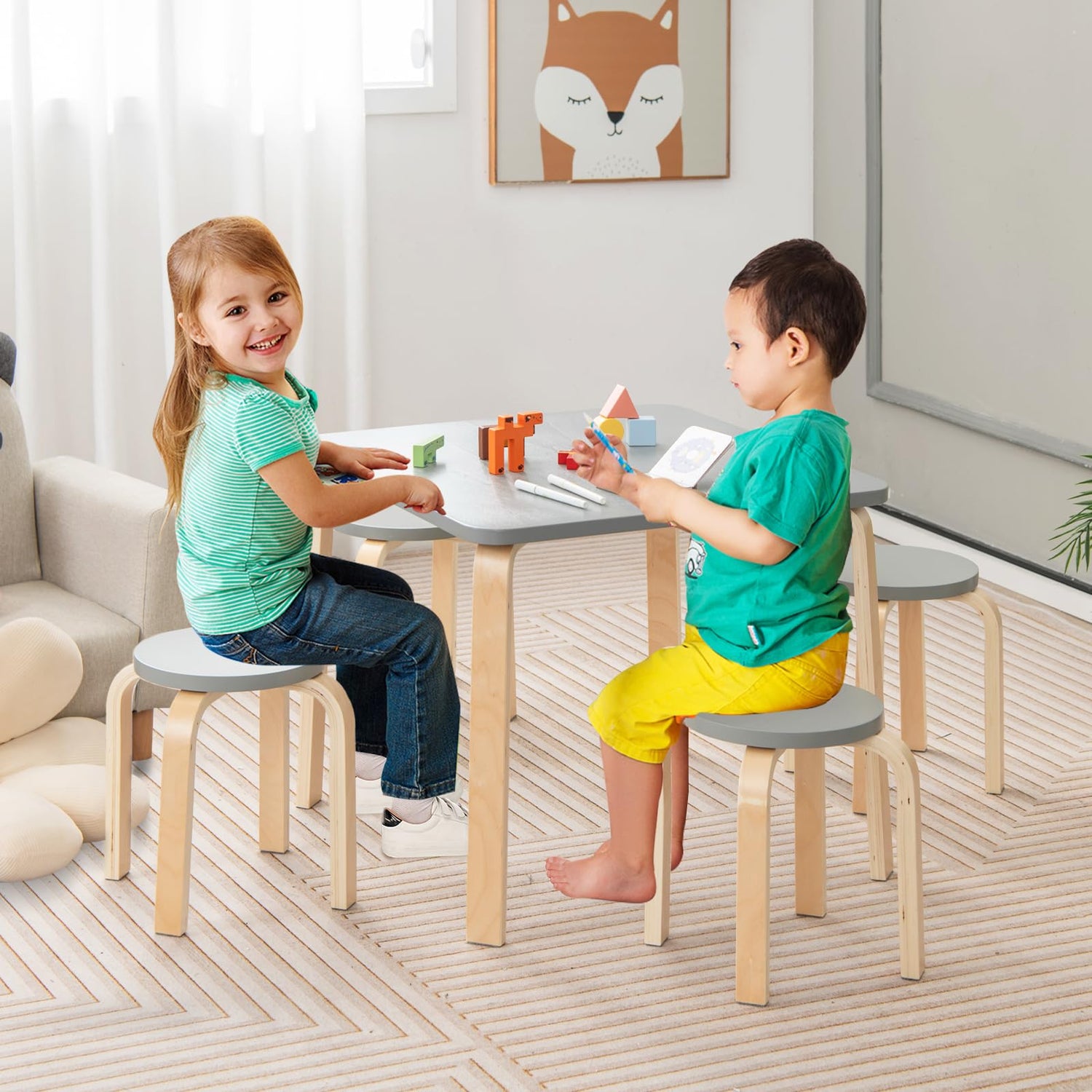 GYMAX Kids Table and 4 Chairs, Children Activity Desk with 4 Round Stools