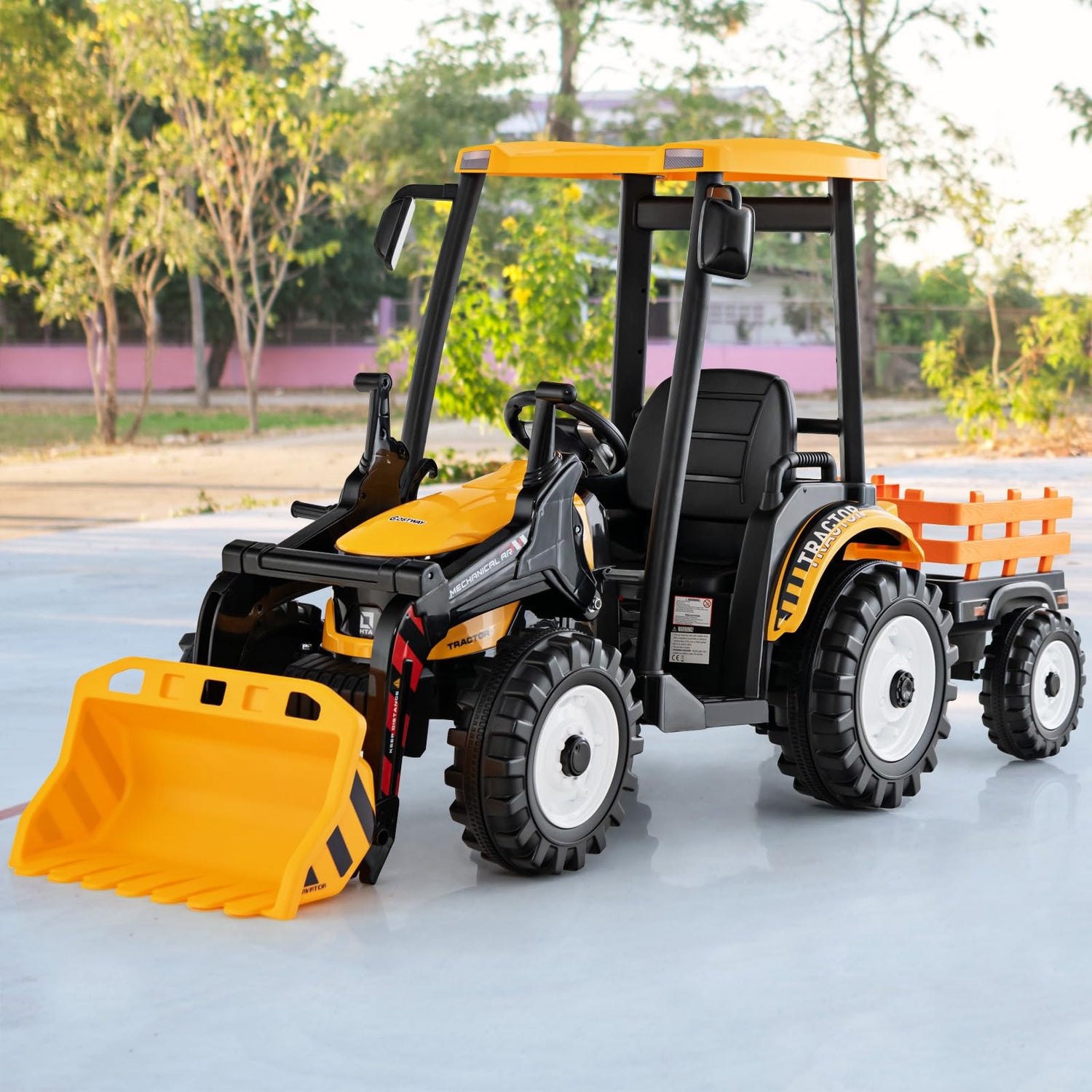 GYMAX Kids Ride On Tractor, 12V Children Electric Car with Remote Control, Detachable Trailer, Adjustable Bucket, USB, Music