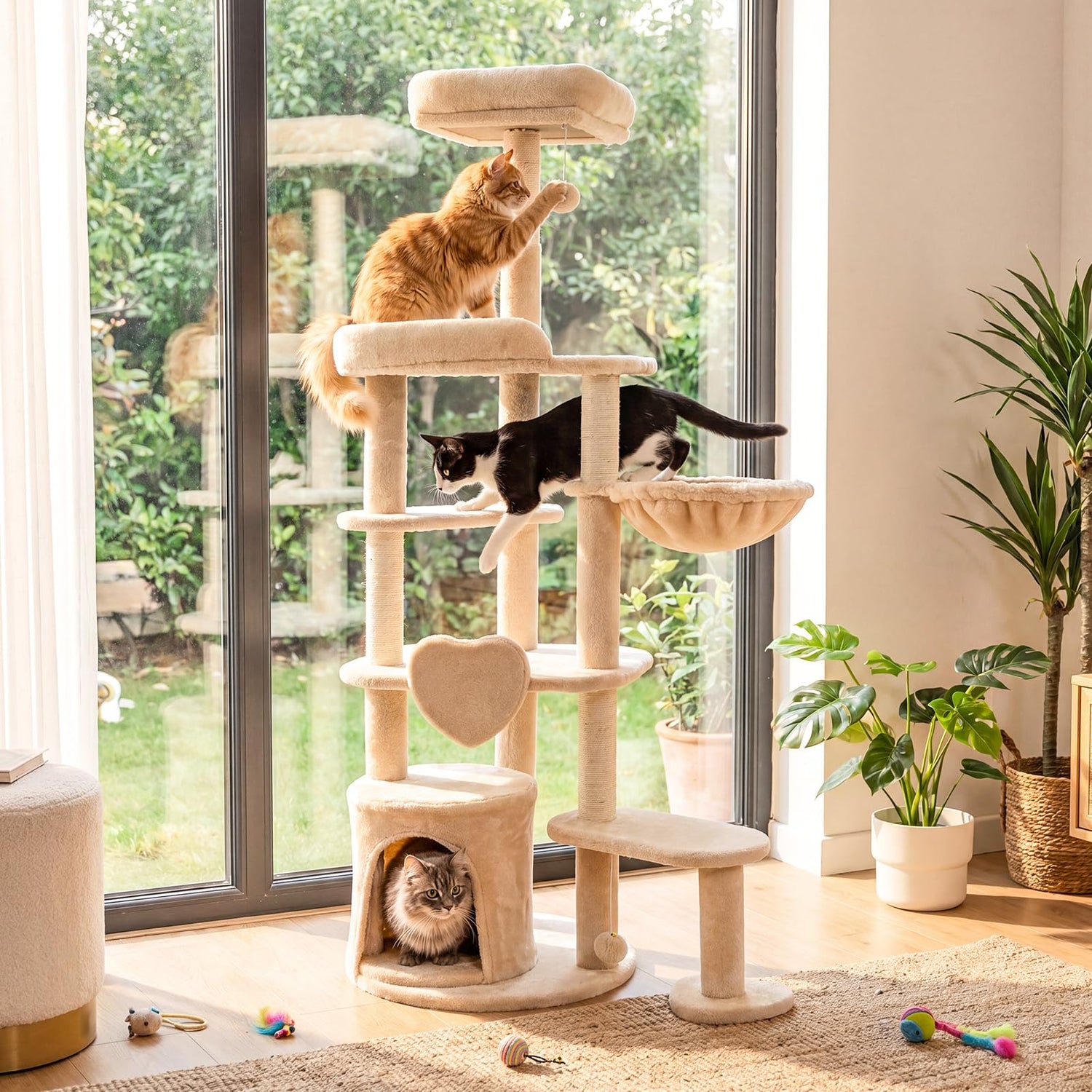 Cat Tree, 149cm Tall Cats Tower with Perches, Plush Condo, Cozy Basket