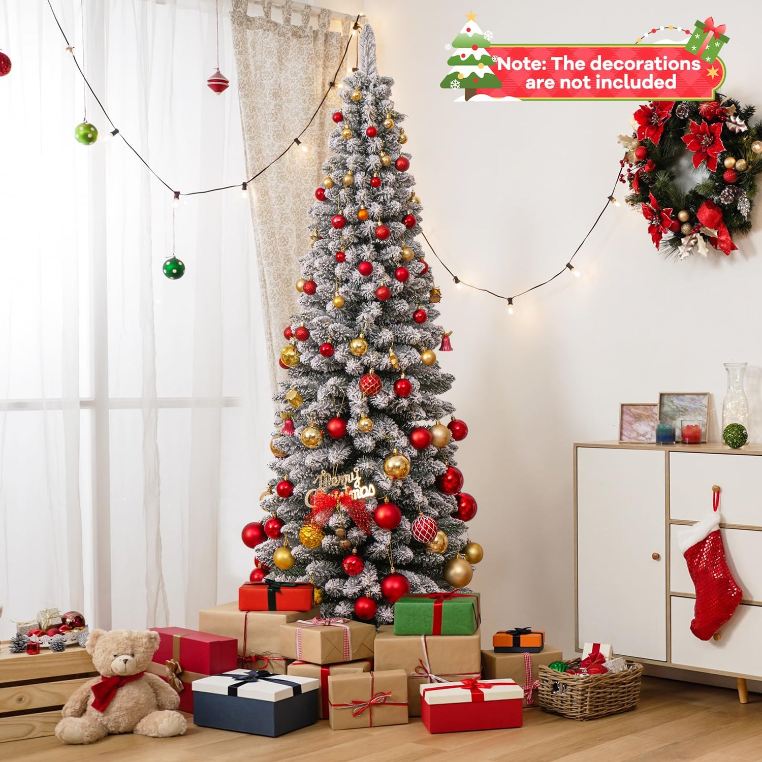 GYMAX 4FT Snow Flocked Slim Pencil Xmas Tree