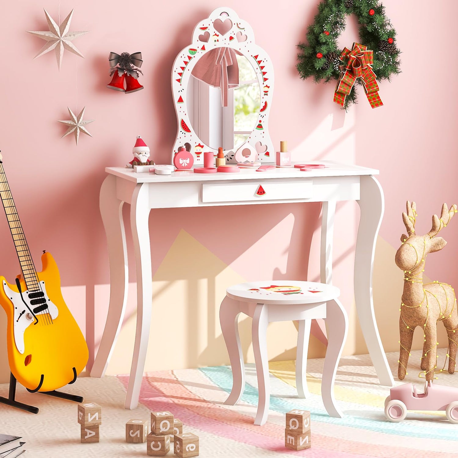 GYMAX Kids Vanity Table and Stool Set