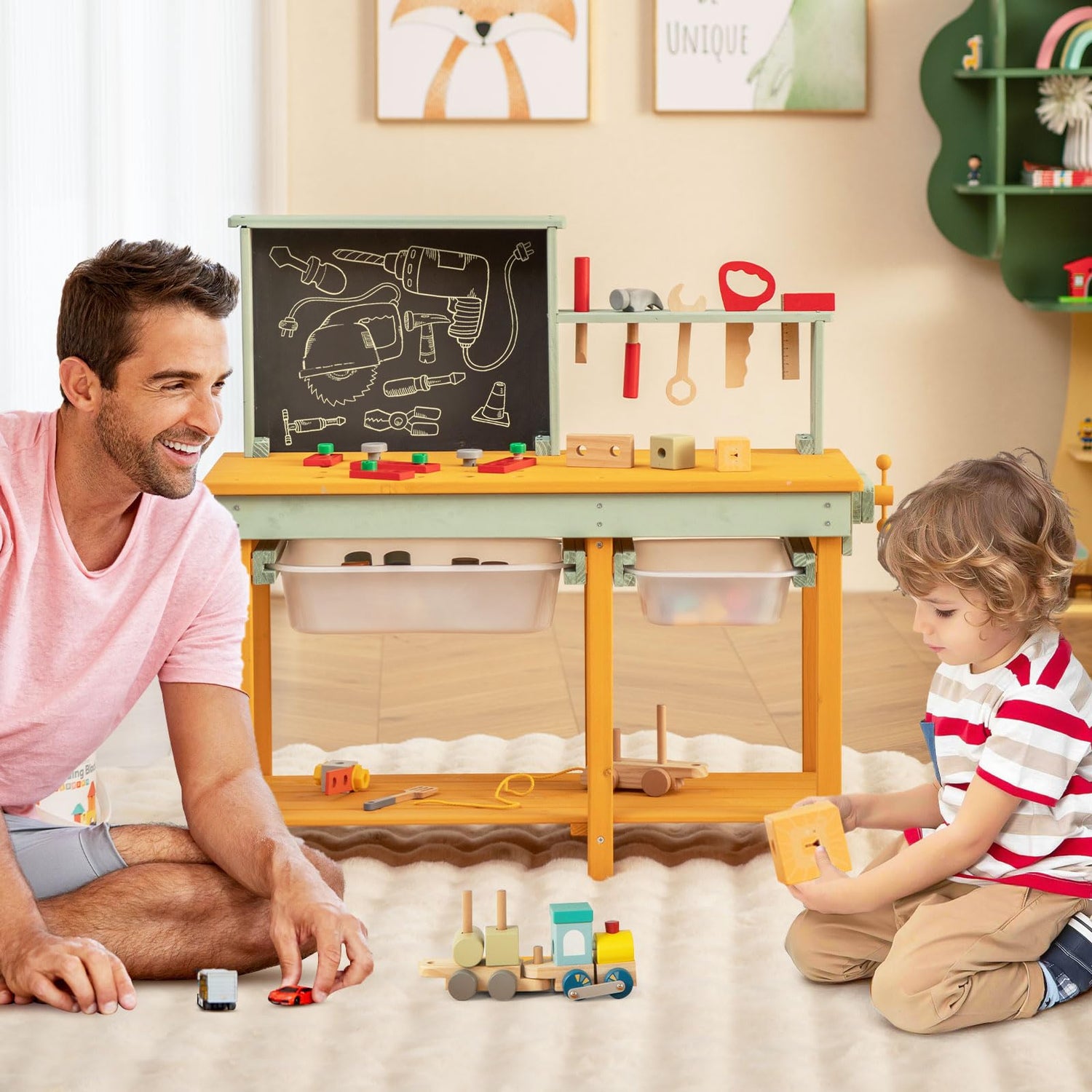 GYMAX Kids Workbench, Wooden Play Workbench with Chalkboard, Storage Shelf