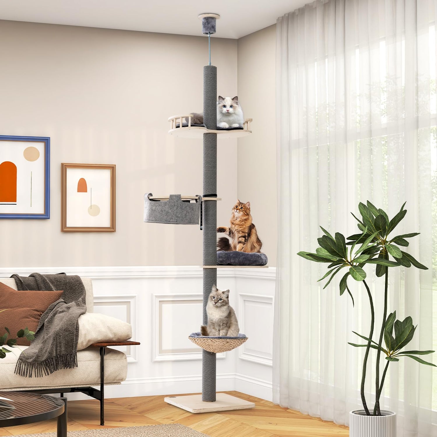 5-Tier Wooden Cat Tower Floor to Ceiling Cat Tree with Adjustable Height
