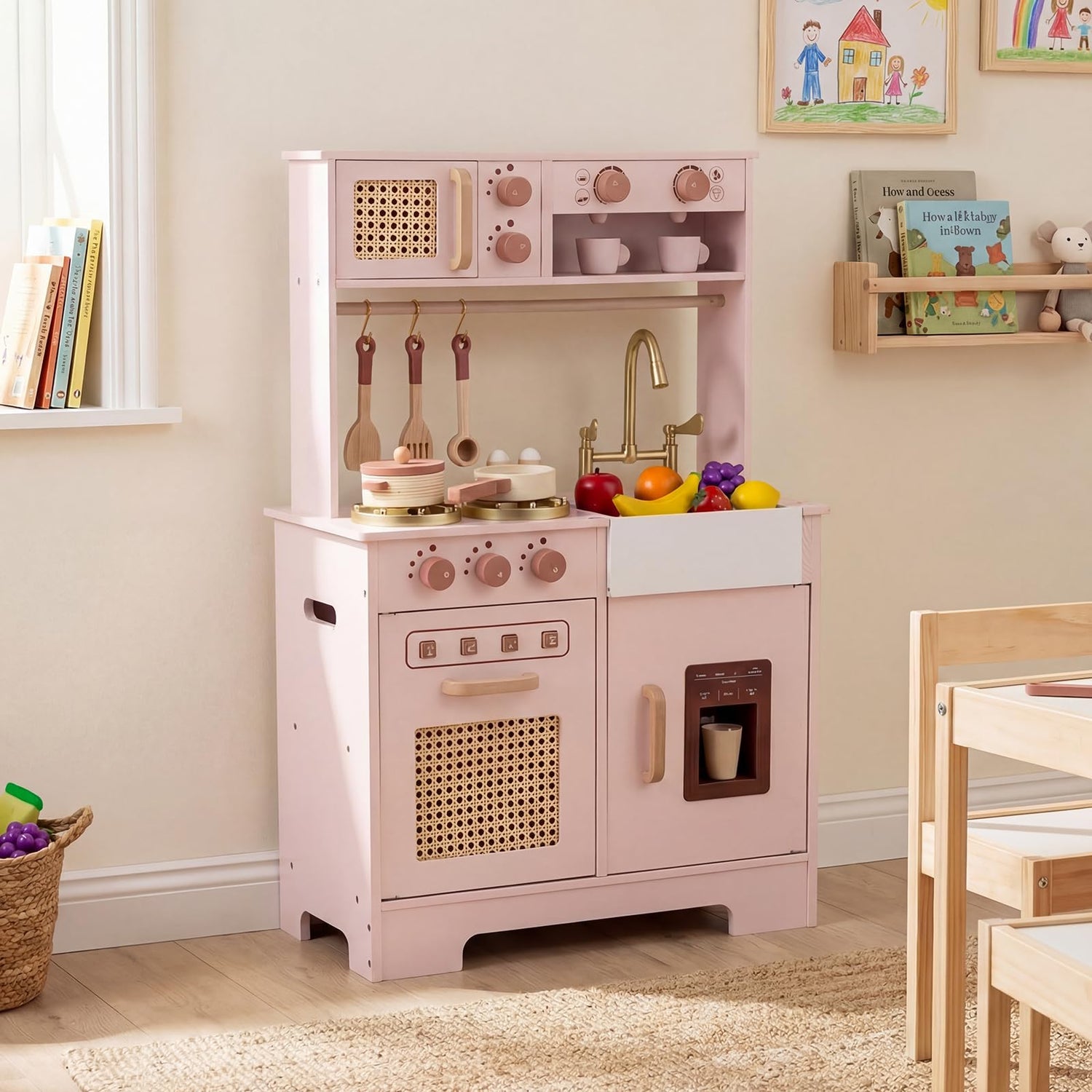 Kids Play Kitchen, Wooden Toy Kitchen with Stoves, Oven