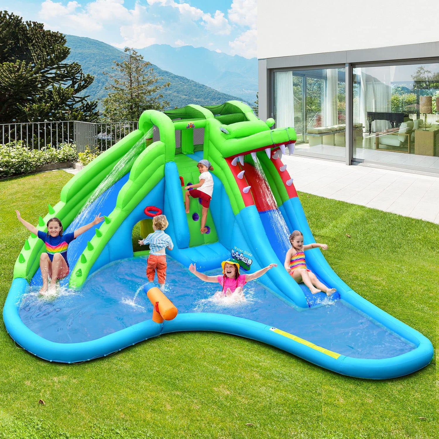 GYMAX 7 in 1 Kids Bouncy Castle with 780W Blower, Inflatable Water Park with 2 Slides