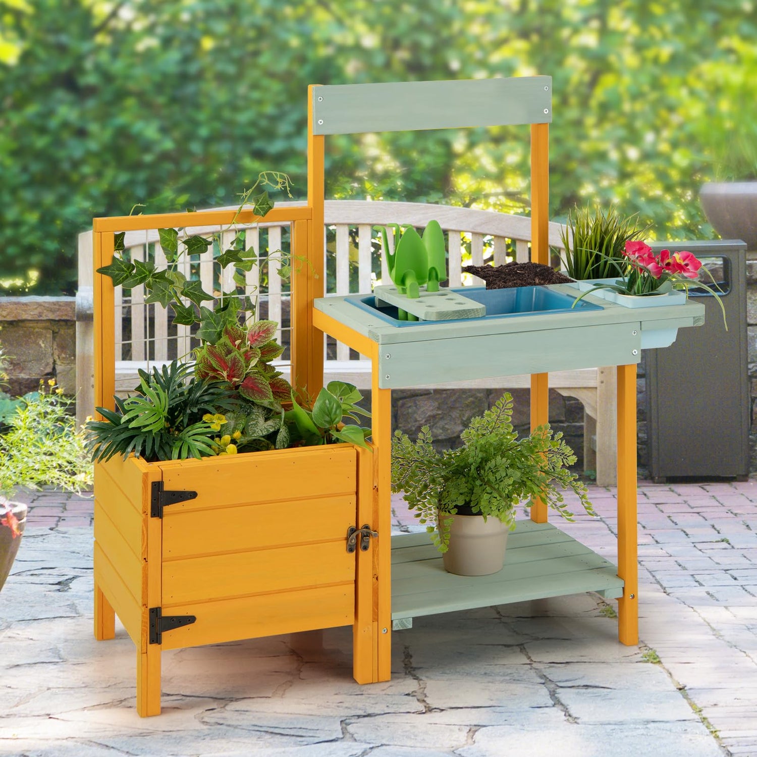 GYMAX Kids Potting Bench Table, Outdoor Toy Gardening Center with Planter Box