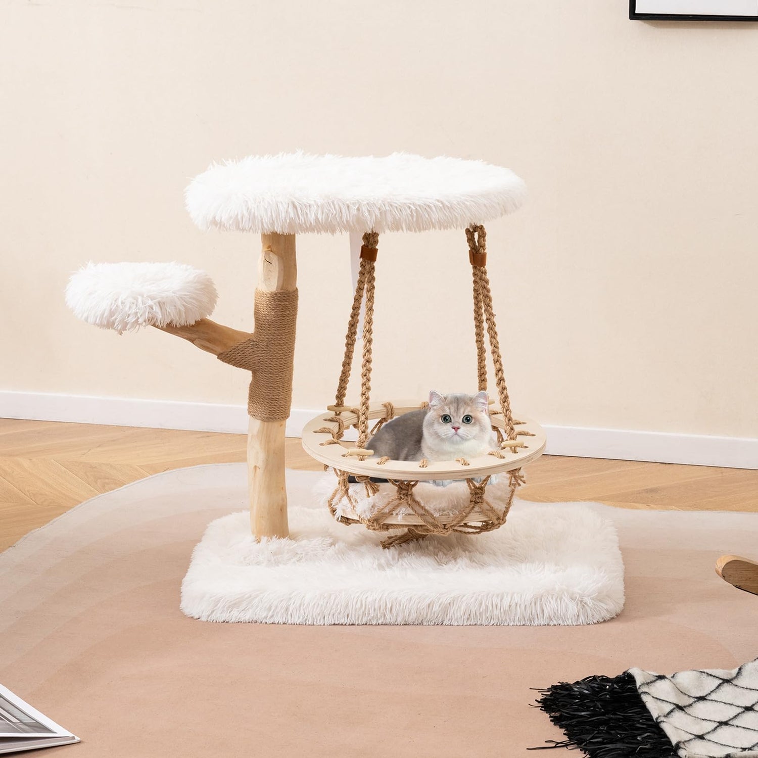 Cute Solid Wood Cat Tree Natural Branch Modern Kitten Tower