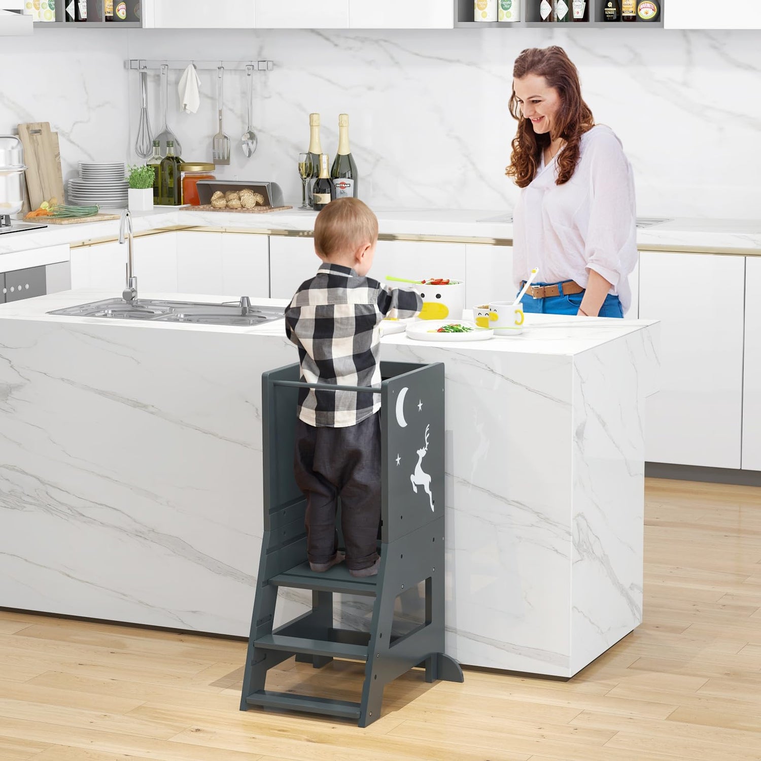 GYMAX Kids Step Stool, Wooden Kitchen Toddler Helper Stand with Adjustable Height