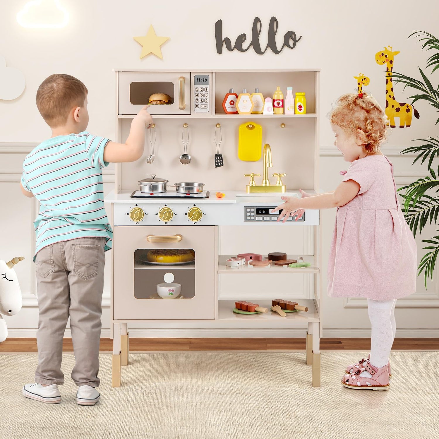 GYMAX Wooden Kids Kitchen, Height Adjustable Toy Kitchen with Stoves, Microwave, Oven, Storage Shelves