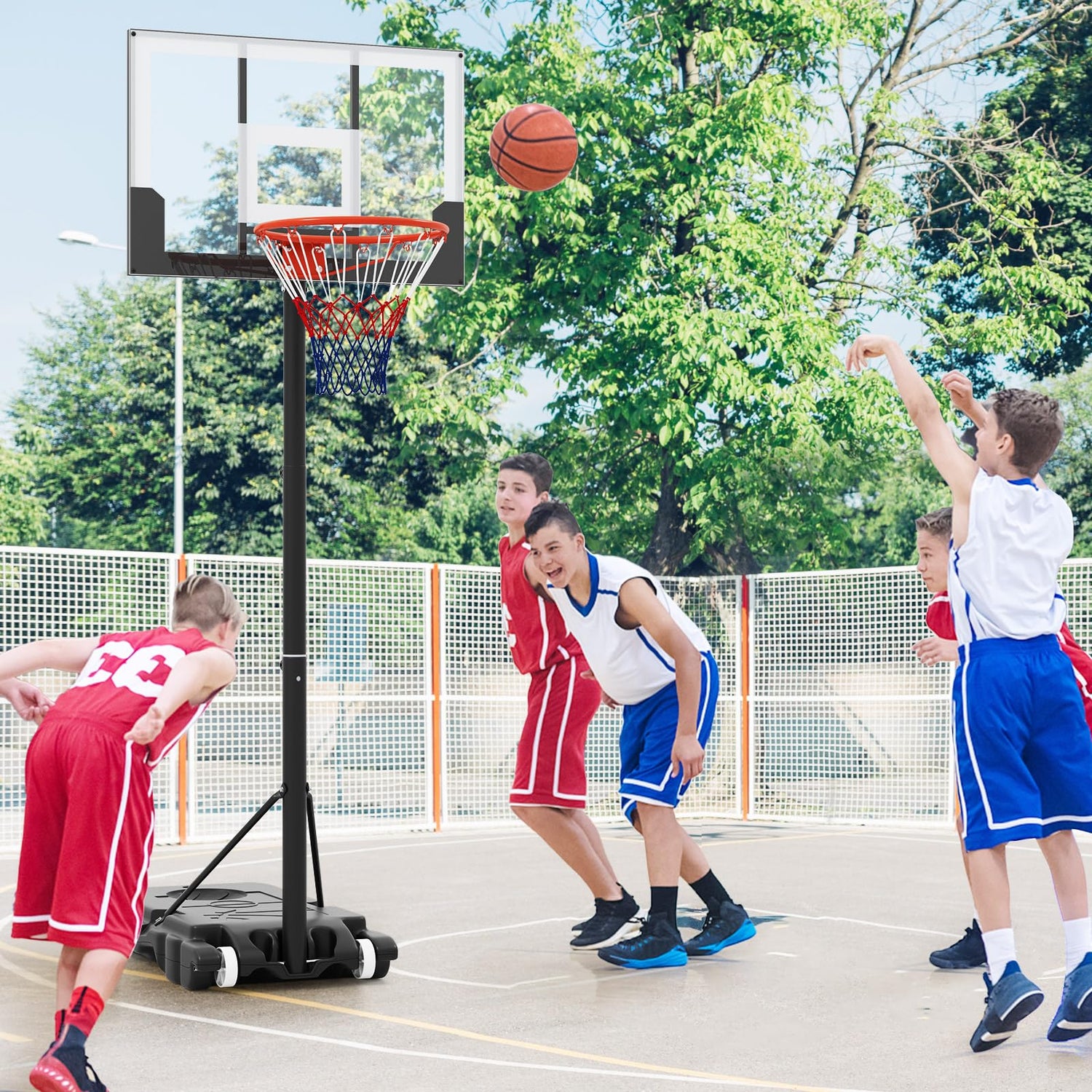 GYMAX 3.3-7 FT Height Adjustable Portable Basketball Goal with Shatterproof Backboard