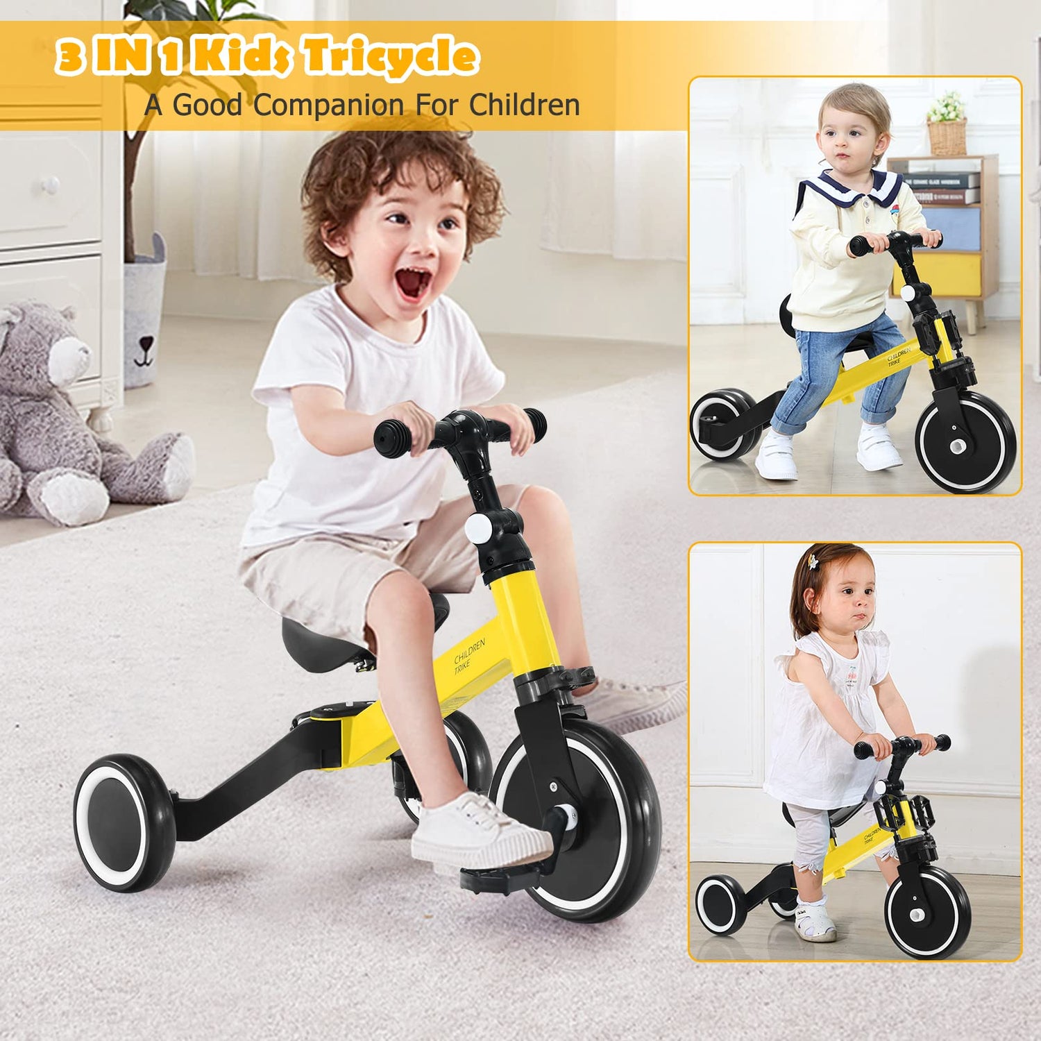 GYMAX 3 in 1 Kids Trike, Folding Baby Tricycle with Adjustable Handlebar and PU Seat, 3 Wheels Toddler Bike for 1-4 Years Old Boys Girls (Yellow)