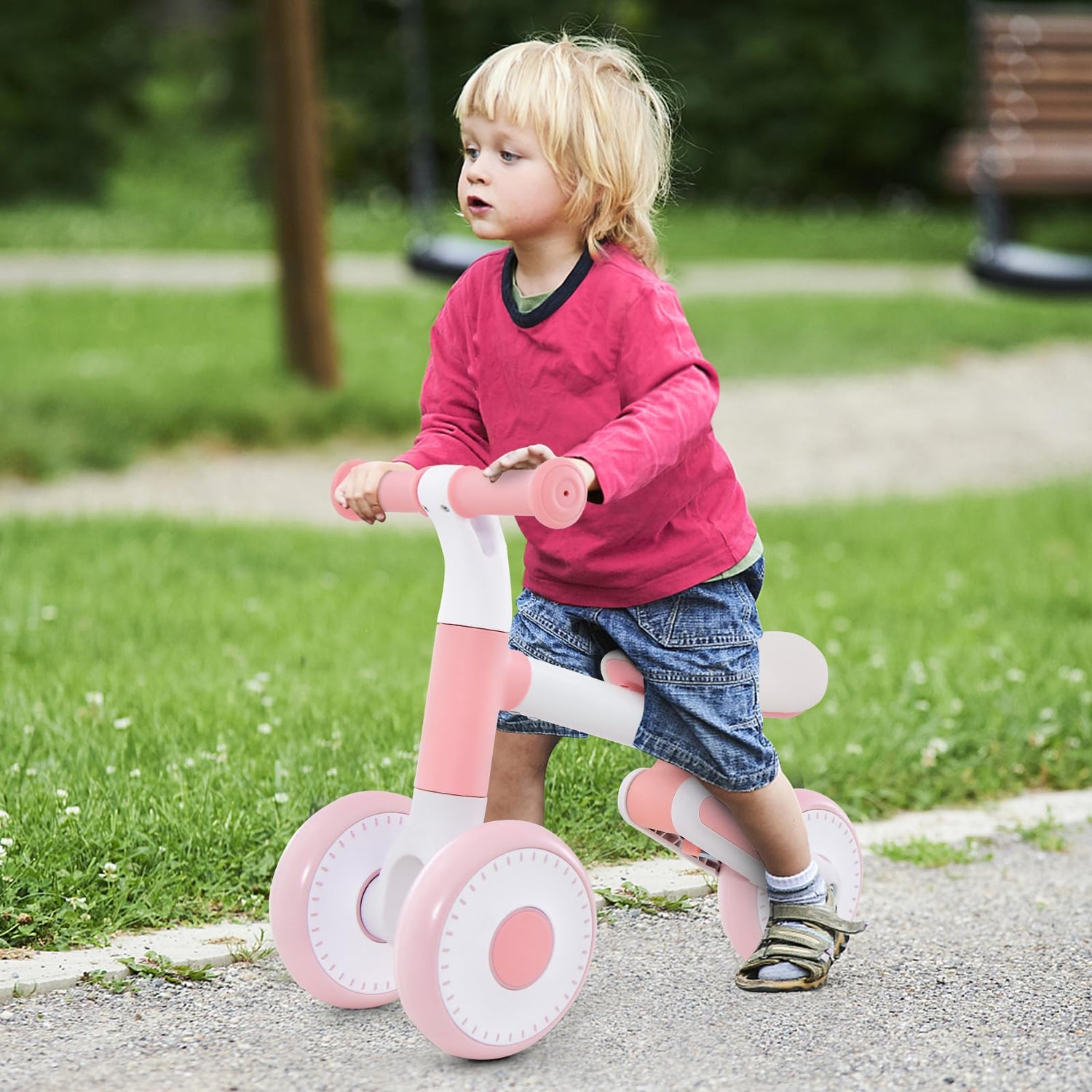 GYMAX Balance Bike, No Pedal Baby Walker Push Ride On Toy with 3 Wheels, Ergonomic Handle and Height Adjustable Seat