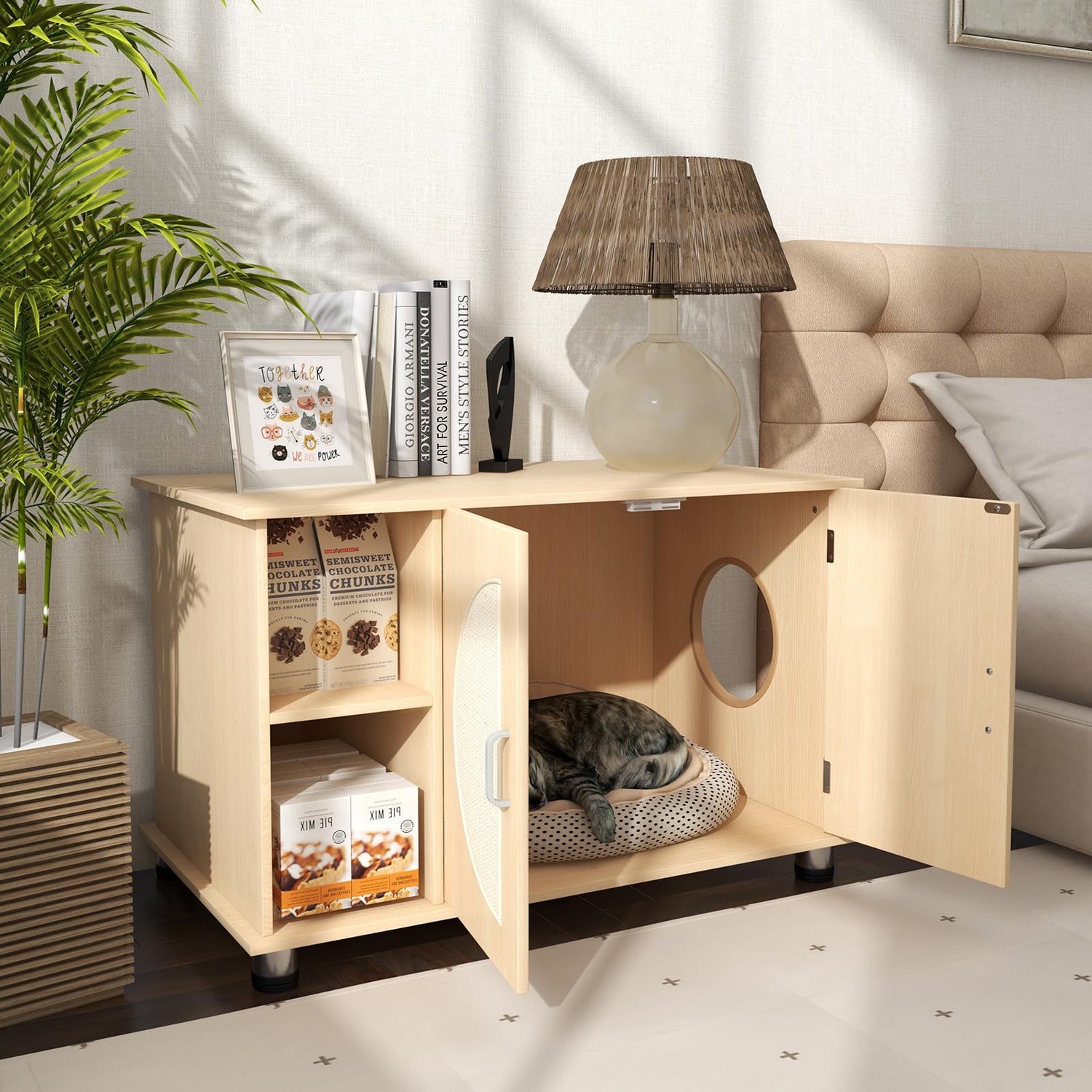 GYMAX Cat Litter Box Enclosure, Wooden Hidden Kitty Washroom Storage Bench
