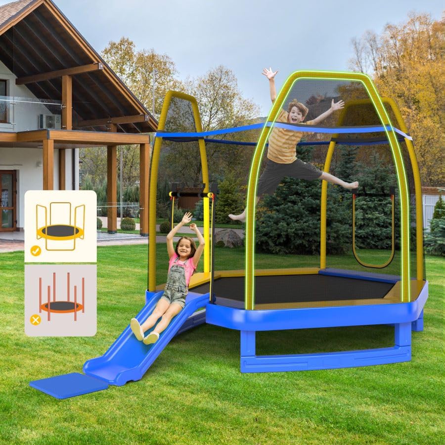 GYMAX 7FT Trampoline with Slide, Indoor Outdoor Kids Jumping Trampoline with Safety Enclosure Net