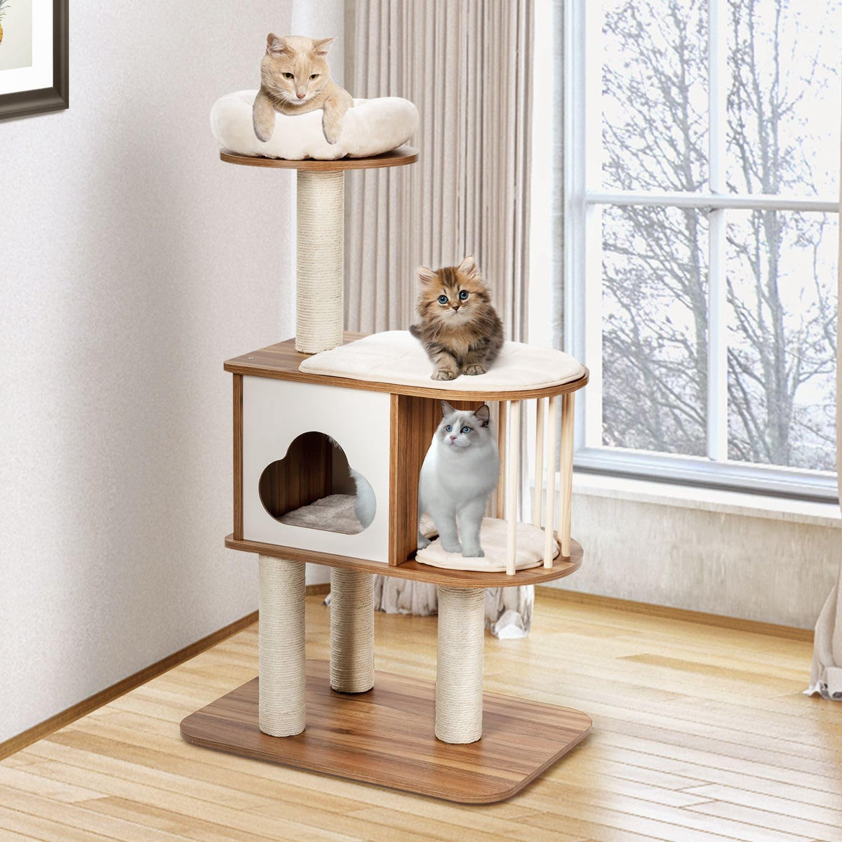 GYMAX 4-Tier Wooden Cat Tree for Climbing Sleeping