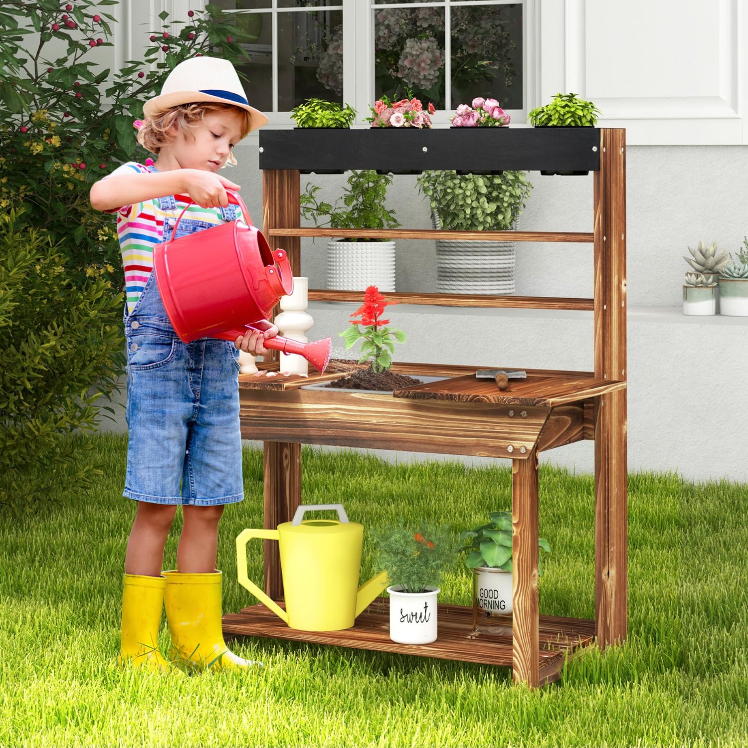 GYMAX Children Potting Bench Table with Removable Sink & Storage Shelves