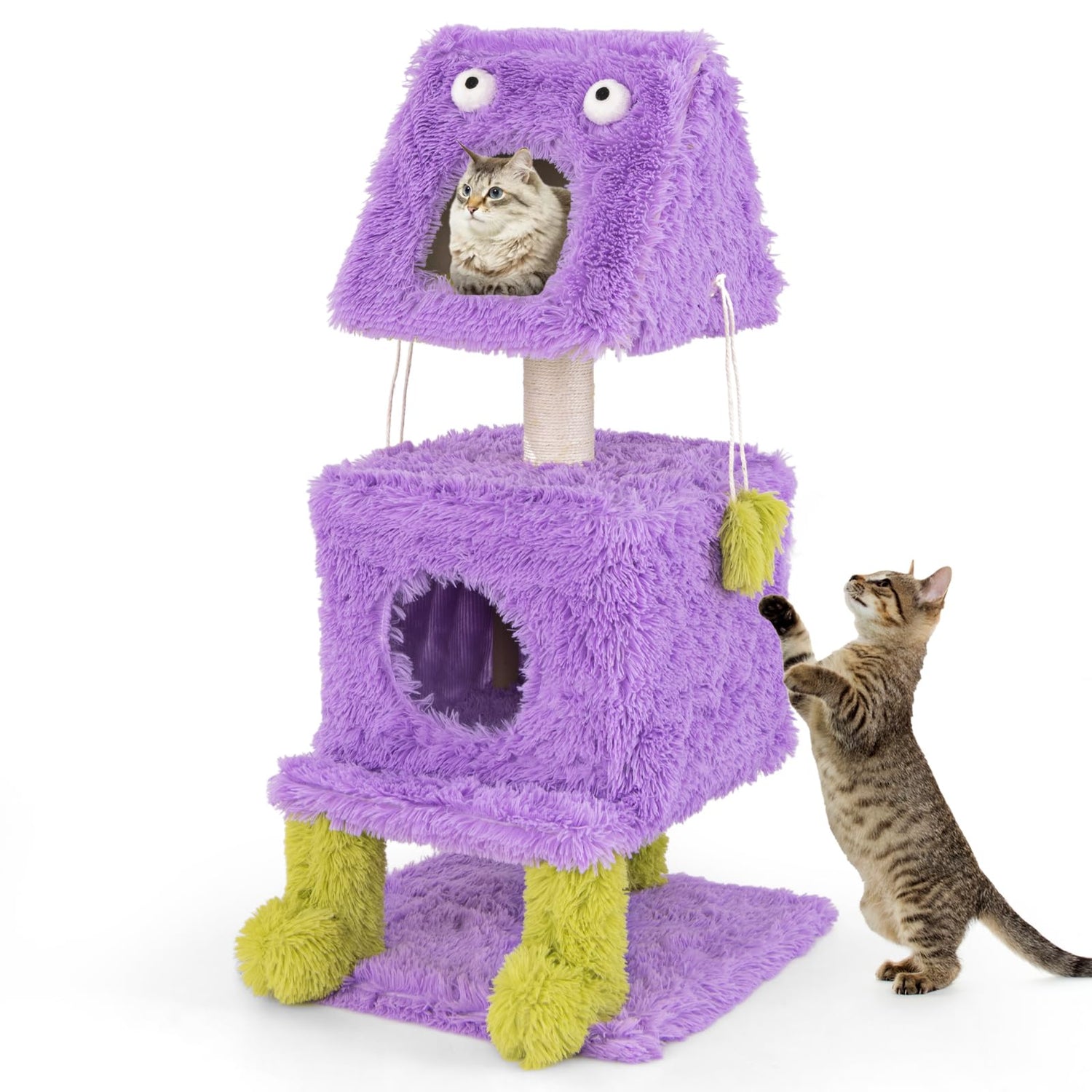GYMAX Cat Tree, 111cm Monster-Themed Cat Tower with 2 Cat Condos, Sisal Scratching Post and Hanging Sound-Making Toys