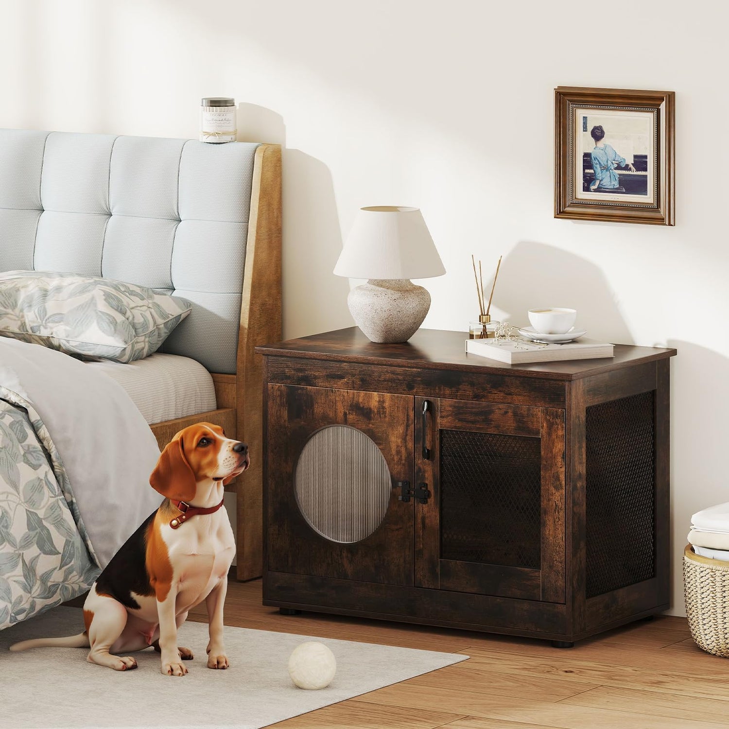 Dog Crate Furniture, Wooden Dog Cage with Chew-proof Metal Mesh