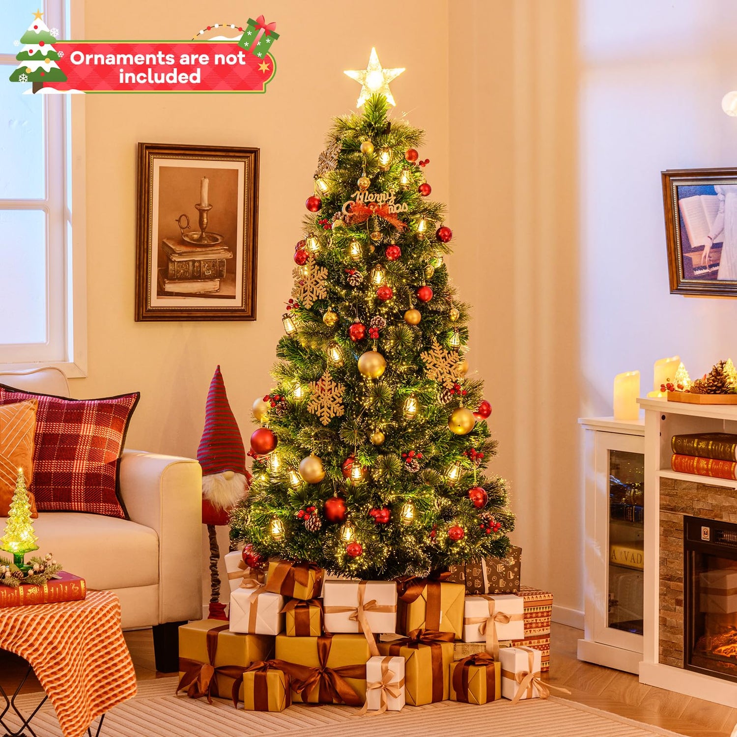 GYMAX 5FT/6FT Pre-lit Fiber Optic Christmas Tree