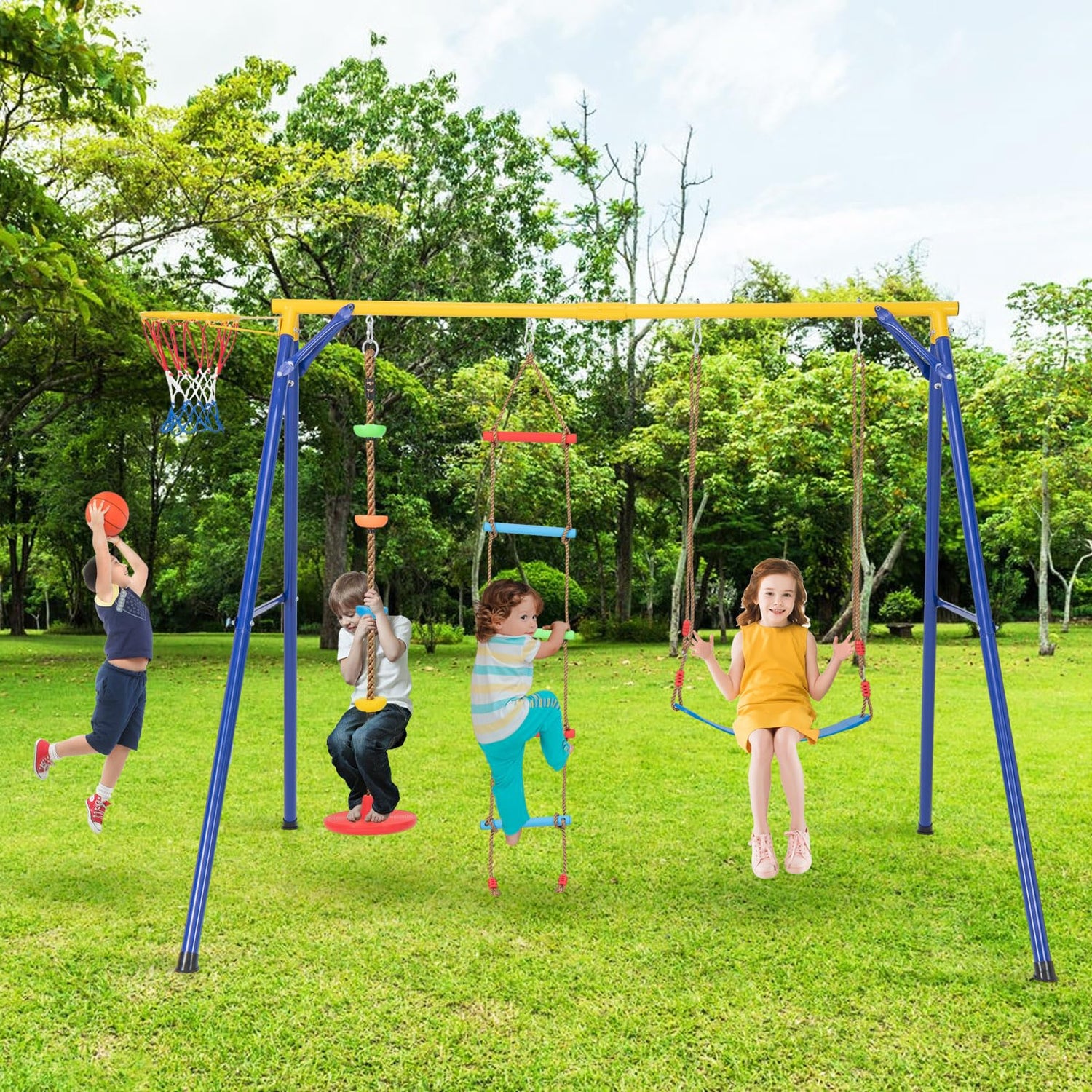 GYMAX 4 in 1 Metal A-Frame Kids Swing Set with Belt Swing