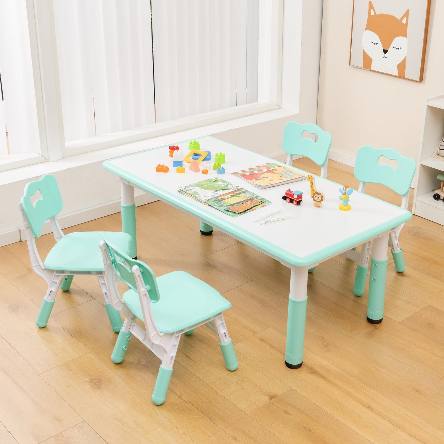 GYMAX Kids Table and Chairs Set, Height Adjustable Children Table with 4 Chairs & Graffiti Desktop