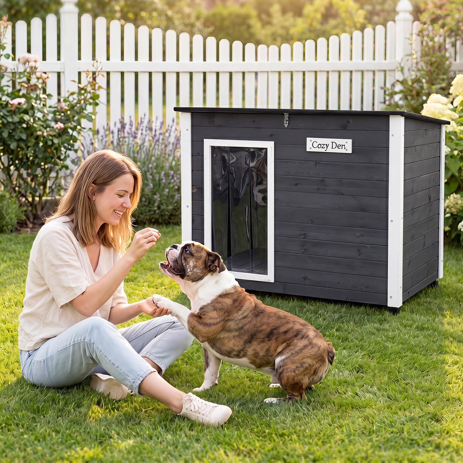 Natural Spruce Wood Frame Puppy Kennel with Removable Floor, Openable Asphalt Roof