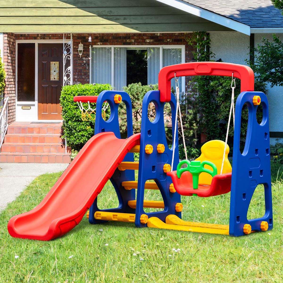 GYMAX Toddler Swing and Slide Set, 4-in-1 Children Climber and Swing Set with Basketball Hoop