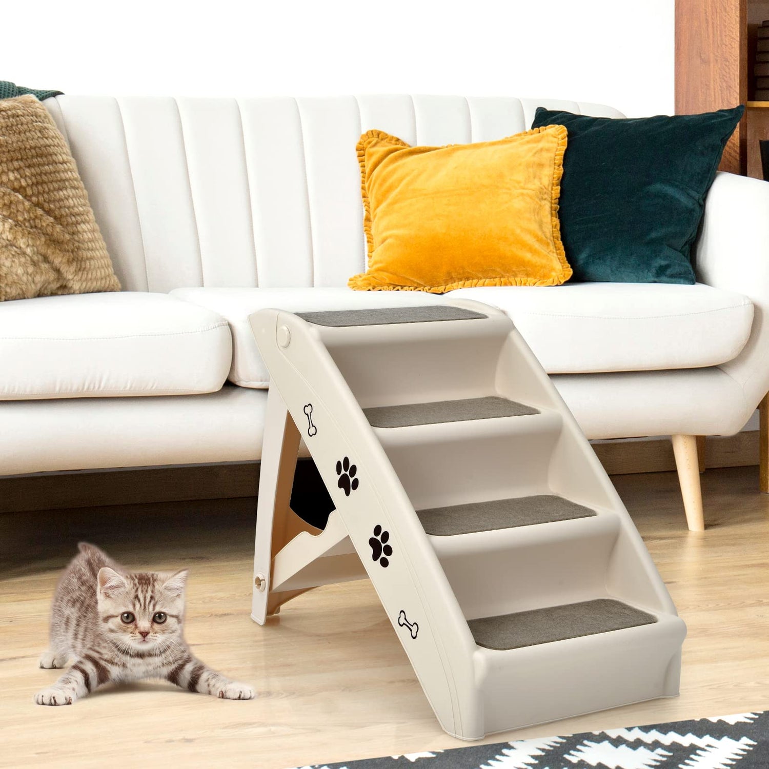 GYMAX Foldable Dog Step, Lightweight Access Pet Stairs with Cute Paw Pattern and Soft Felt