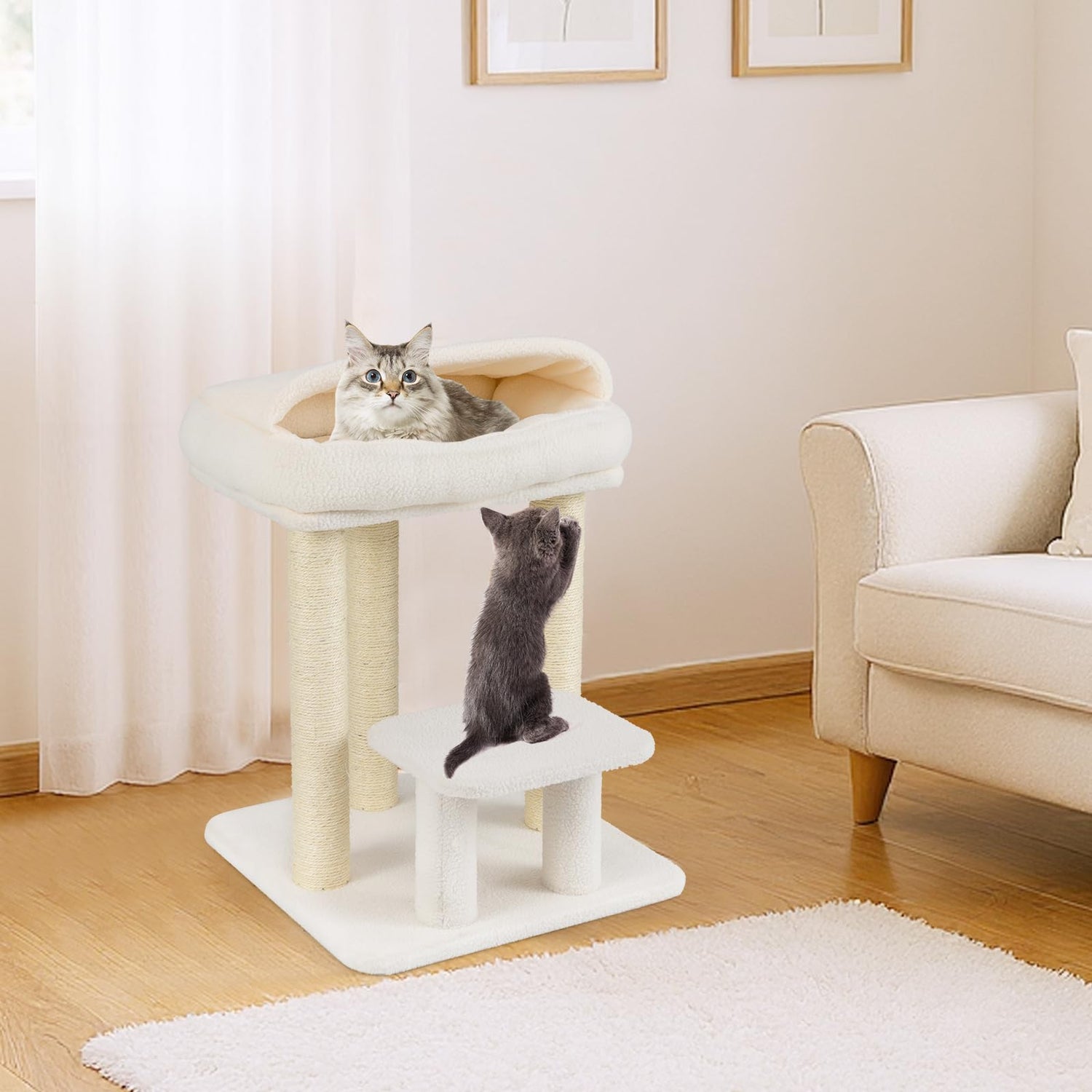 Cat Tree, 61cm Comfy Plush Top Perch Bed, Sisal Scratching Posts