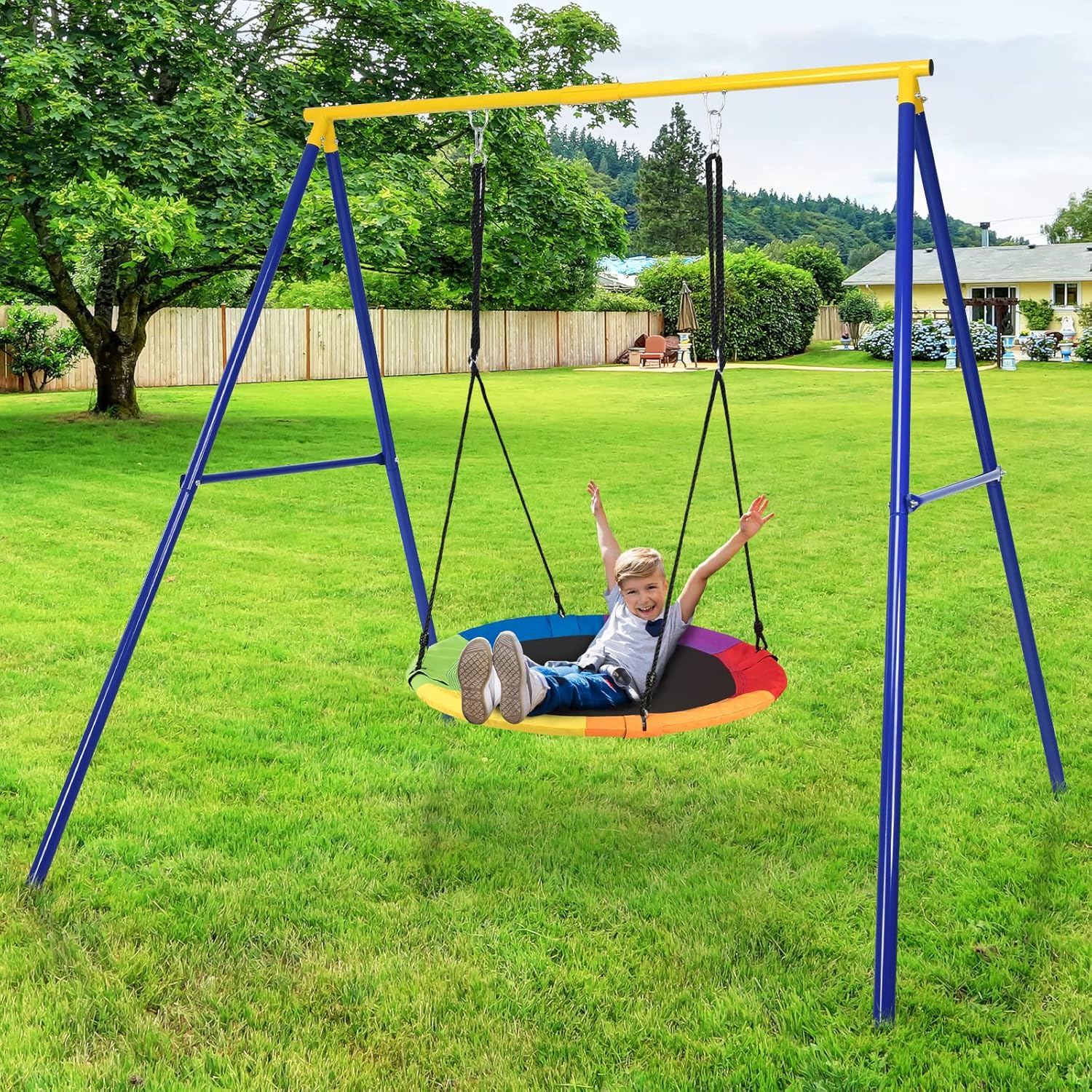 GYMAX Kids Swing Frame Heavy Duty Metal Swing Stand with Ground Stakes