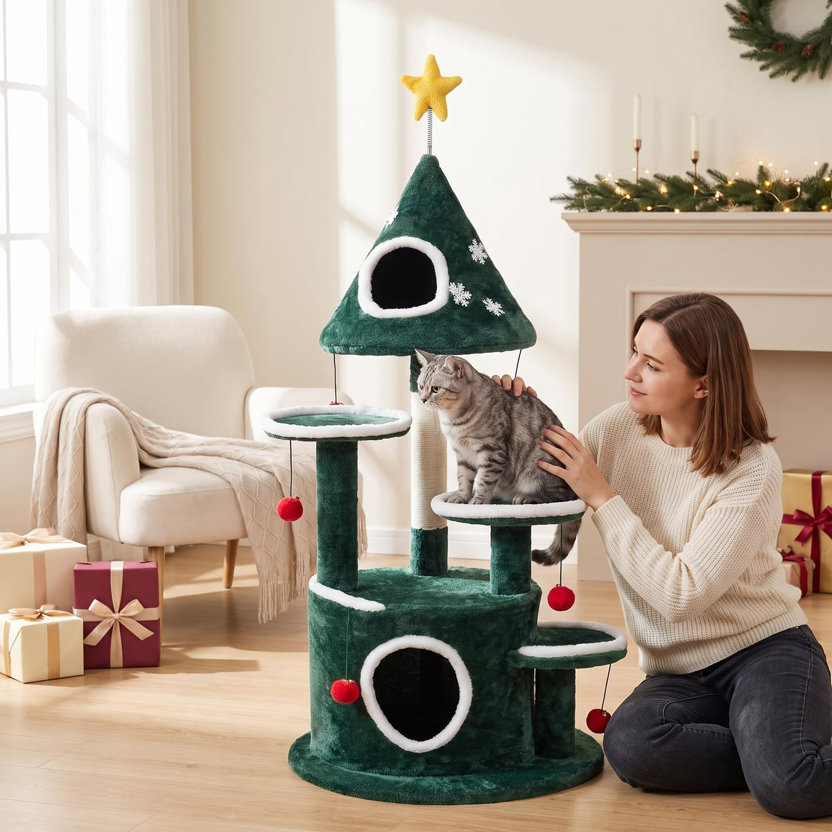 GYMAX 127cm Christmas Cat Tree, Multi-level Cats Activity Tree