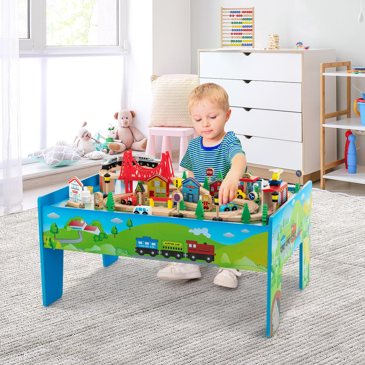GYMAX Children Train Track Set, Kids Train Play Table with Abundant Accessories (80PCS, 83 x 60 x 40 cm)